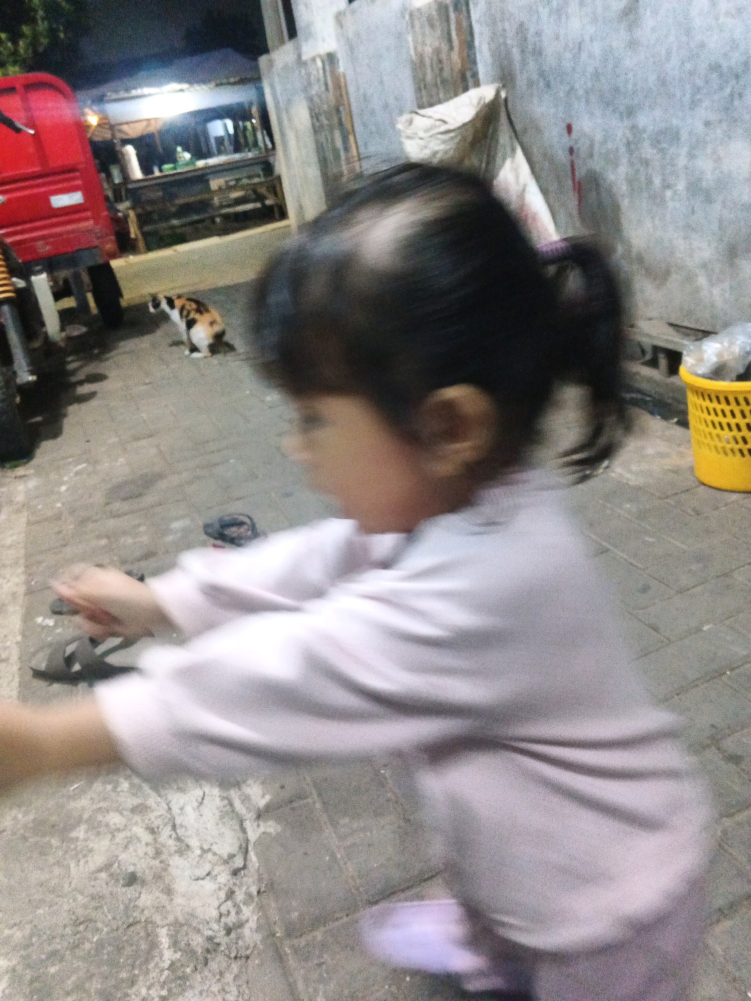 A slightly blurry, low-light, outdoor image taken at night on a paved surface that appears to be a street or alleyway. The scene shows a young child in the foreground, wearing a light-colored long-sleeved shirt and pants. The child's face is blurred due to motion, and their body is partially turned away from the camera. The child's hands are extended forward, appearing to be reaching or grabbing at something.
In the middle ground, a calico cat is visible, sitting on the paved surface. Behind the cat and to the left, a portion of a red vehicle, possibly a three-wheeled truck or cart, is present. The vehicle has yellow and black accents. In the background, there are structures that resemble stalls or shops with lighting, suggesting a market or food stall area. A concrete wall with a textured surface is visible on the right side of the frame. A yellow plastic trash bin with holes is also situated on the right. The overall environment appears to be urban, with a slightly gritty or utilitarian feel. The location is identified as Kadu, Indonesia.