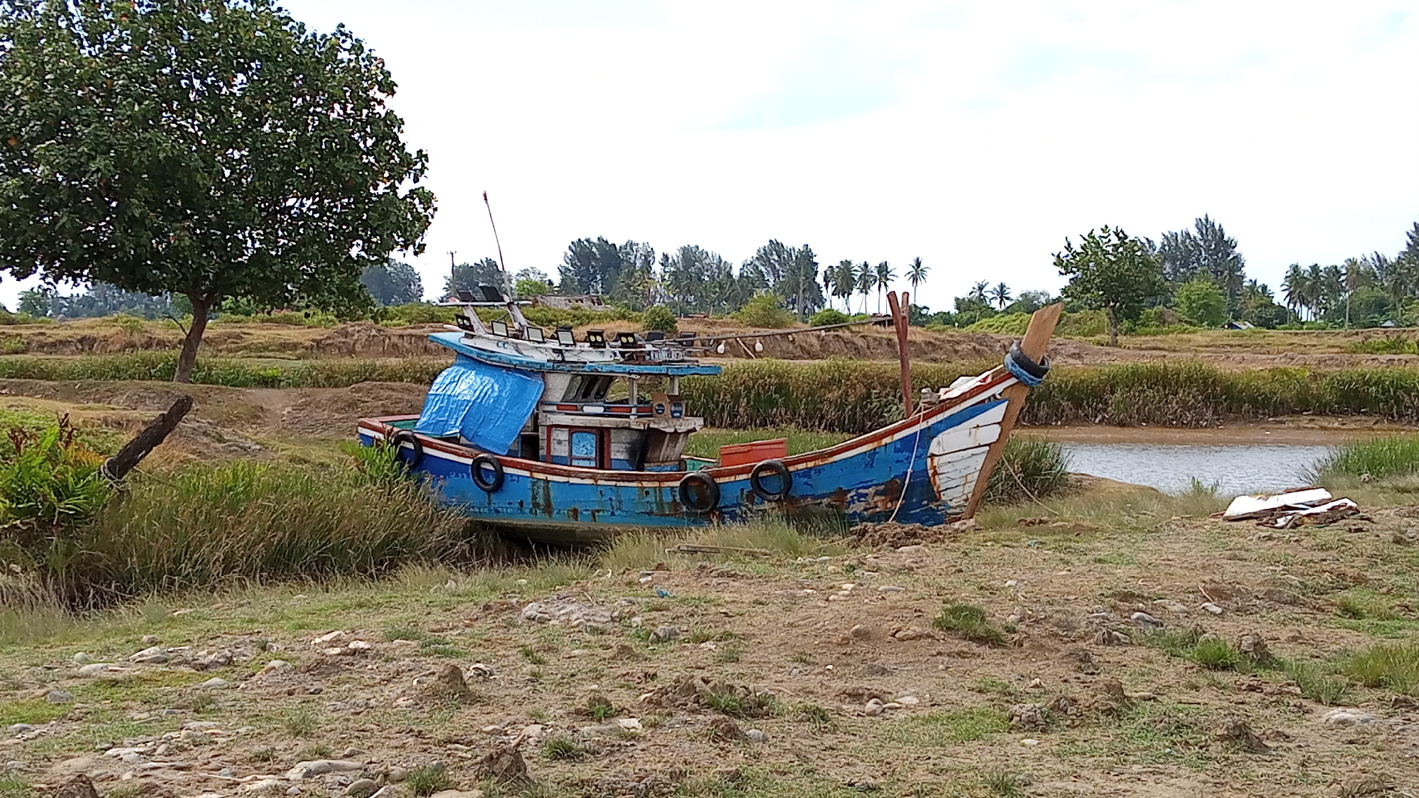 An abandoned, blue and white fishing boat rests on dry, sandy ground near a narrow body of water. The boat, showing signs of wear and tear with peeling paint and rust, is partially covered with a blue tarp. It is situated in a landscape with dry grass and scattered rocks in the foreground. In the background, a line of trees, including palm trees, forms a dense horizon. The sky is overcast. The scene depicts a rural coastal environment, likely in or near Tanjong Krueng, Indonesia. There are no people visible in the image, and no actions or interactions are occurring. The environment is characterized by natural vegetation and signs of human abandonment in the form of the derelict boat.