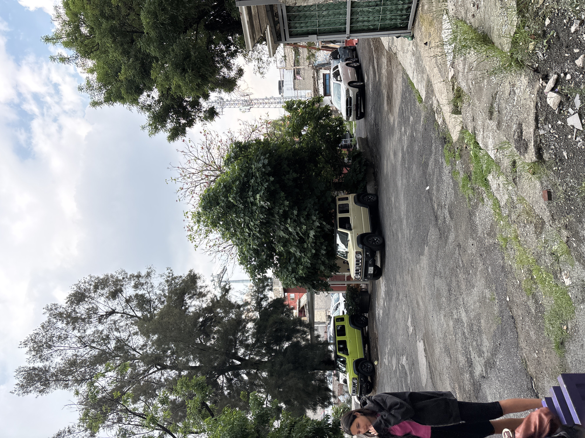 This image depicts an outdoor urban setting in Mexico City during daytime under an overcast sky. A paved surface, possibly a street or parking lot, runs through the center.
In the foreground on the right, a woman with dark hair is partially visible, wearing a black jacket over a pink top and black shorts, looking downwards.
Several vehicles are parked along the paved area. Two Suzuki Jimny SUVs are prominent: a lime green one is closer to the viewer, and a light cream/tan one is parked further back. Both Jimnys clearly display the "SUZUKI" logo on their front grilles. Behind the cream Jimny, a white Dodge Durango SUV is parked, with other vehicles partially visible further down the street.
The scene is heavily characterized by large, lush green trees that frame the left side and canopy over parts of the road. On the right, a weathered concrete barrier with grass and weeds growing through its cracks separates the paved area from rougher ground. In the background, urban buildings with corrugated metal roofs and a tall, lattice-structure communications tower are visible. The overall atmosphere is quiet, with no dynamic activity.