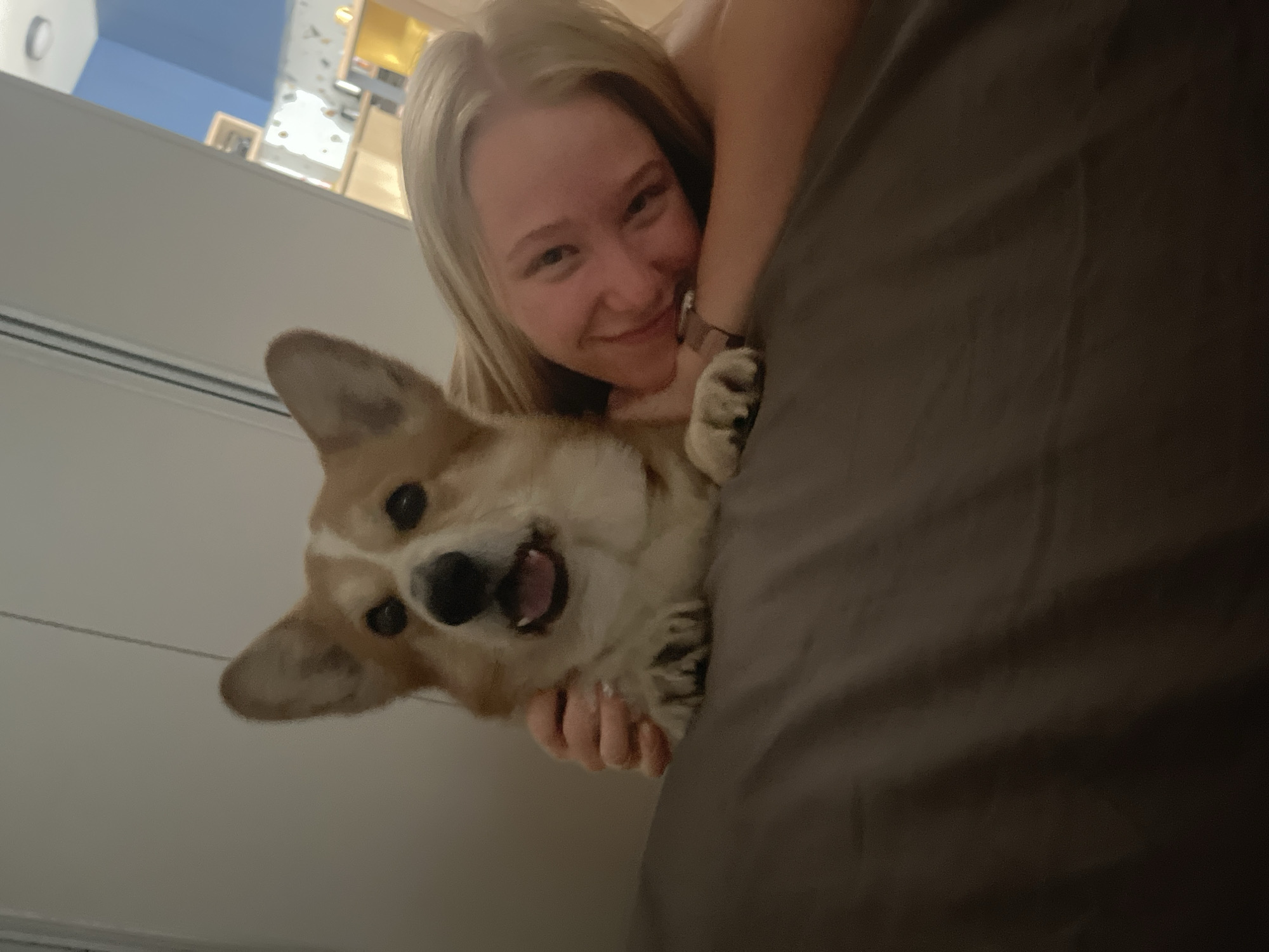 A young woman with blonde hair is holding a tan and white Corgi dog in her arms. The dog is looking directly at the camera with its mouth open. The woman is smiling and appears to be in bed with the dog. The background shows a white wall and a glimpse of a blue ceiling. The location in the city of Budva, Montenegro is not discernible from the image.