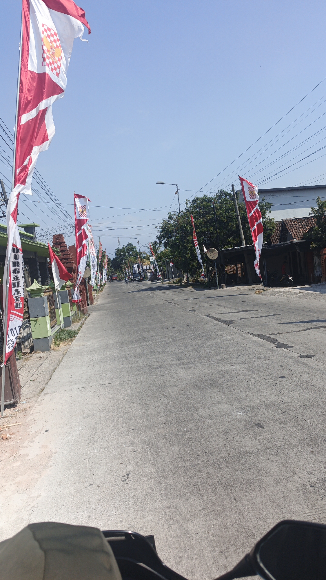 The image depicts a street scene in Plososari, Indonesia, likely during daylight hours given the bright sunlight. The perspective is from the viewpoint of someone on a motorcycle, looking forward down a paved road. Along the left side of the road, there is a sidewalk and a low fence in front of houses. The right side of the road features trees, buildings with tiled roofs, and more trees.

The most prominent features are numerous red and white flags lining both sides of the street. These flags are vertical and rectangular, with a red and white striped pattern, and some display a checkered emblem. They are attached to poles and appear to be part of a festive or commemorative display. In the distance, several motorcycles and a red vehicle are visible on the road. Power lines are strung overhead across the scene. The sky is clear and blue. The overall impression is a quiet street decorated for an event.