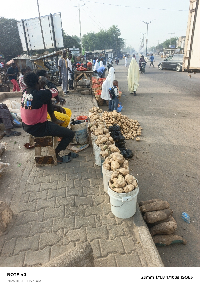 A bustling street scene shows people and vehicles moving along a road with vendors lining the sidewalk. Buckets overflowing with yams or potatoes sit prominently in the foreground, near men sitting and chatting. A woman in a white hijab walks with a child carrying a backpack, while other pedestrians stroll past stalls of red produce. A man in a yellow robe walks in the same direction. The atmosphere is lively, capturing a moment in the daily life of a roadside market.