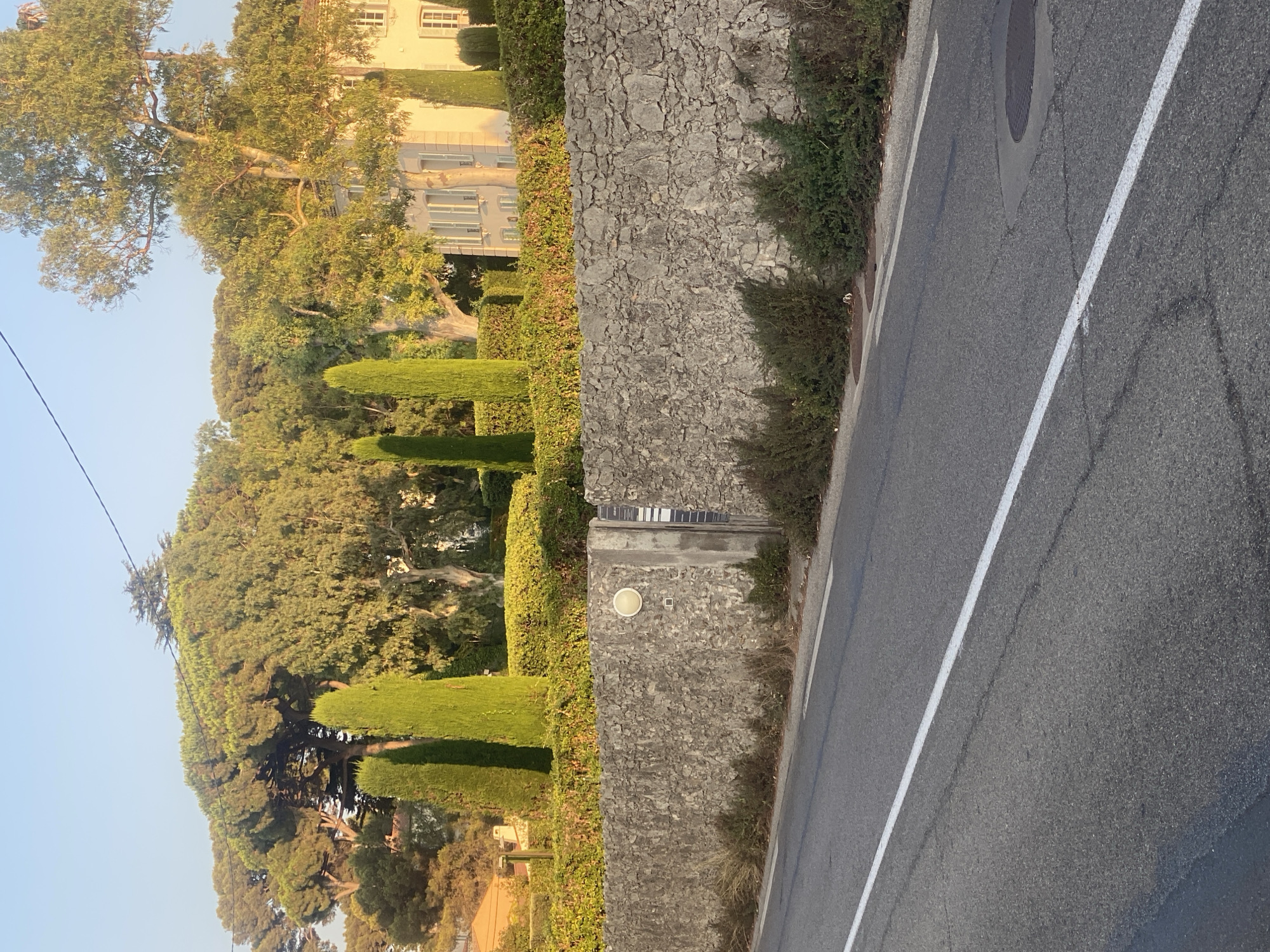 The image depicts a street view in Antibes, France, likely near a residential area. In the foreground, an asphalt road with a white line marking its edge runs diagonally across the frame. Adjacent to the road is a dry, overgrown verge with sparse vegetation. A rough stone wall runs along the edge of the property, with a small, circular light fixture and what appears to be a metal gate or panel integrated into it. Beyond the wall, neatly trimmed green hedges create a barrier. Behind the hedges, several tall, conical cypress trees are prominently featured. Further back, a light-colored building, likely a house or villa, is visible amongst lush, mature trees. The sky above is a clear, pale blue, indicating daylight. The overall scene suggests a warm, sunny day in a suburban or semi-rural setting.