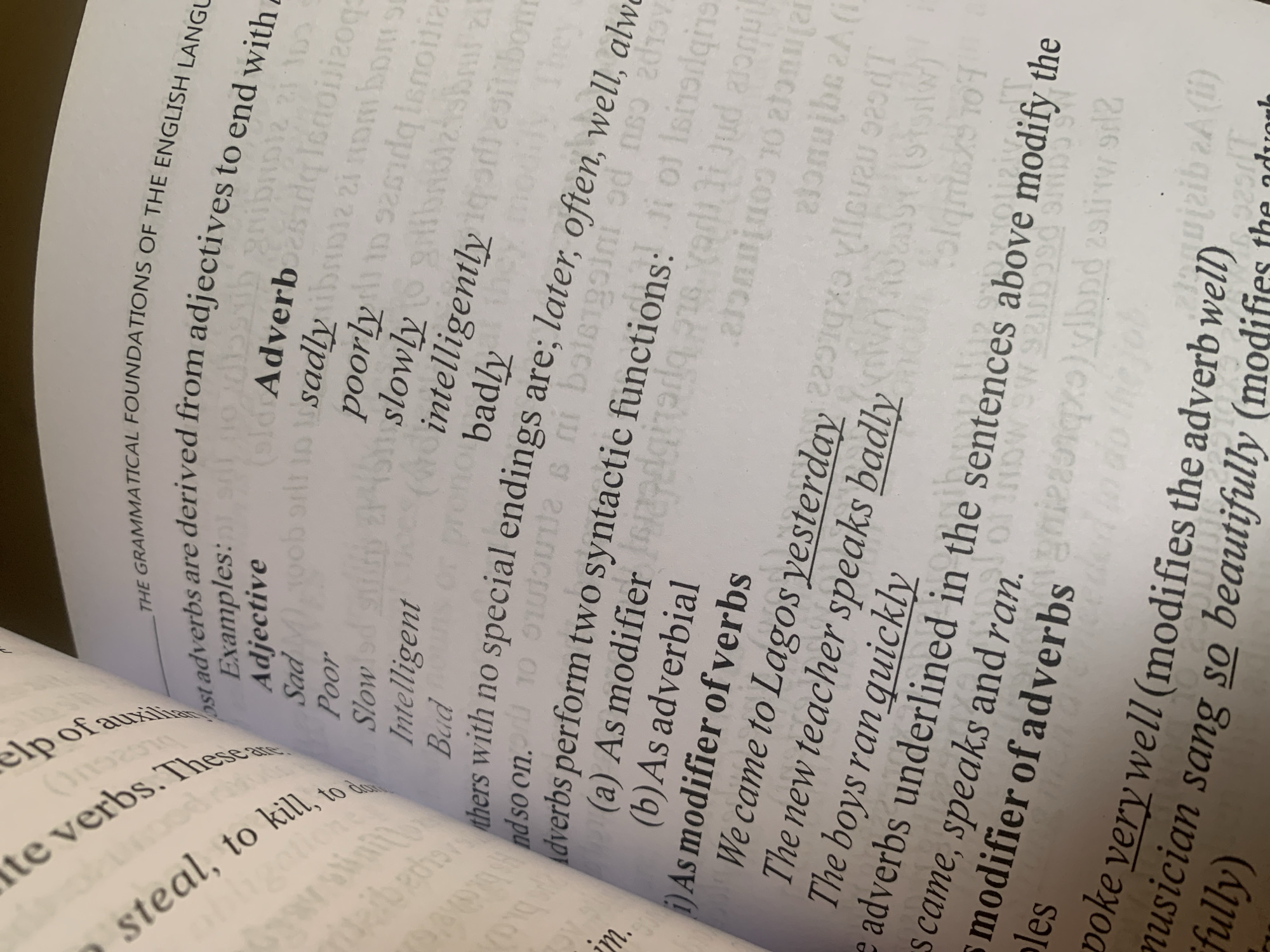 The image shows an open book with text and examples on grammar. The page on the right details the grammatical foundations of the English language, focusing on adverbs derived from adjectives. It lists examples of adjectives like "Sad", "Poor", "Slow", "Intelligent", and "Bad", and their corresponding adverbs: "sadly", "poorly", "slowly", "intelligently", and "badly". The text also explains that adverbs perform two syntactic functions: as modifiers and as adverbials. It provides examples of adverbs modifying verbs, such as "We came to Lagos yesterday" and "The new teacher speaks badly". The page also mentions adverbs modifying other adverbs and adjectives, with an example of "spoke very well". The page on the left contains text related to verbs and their usage. The image does not contain any information related to the city of Jauro Yinu, Nigeria.