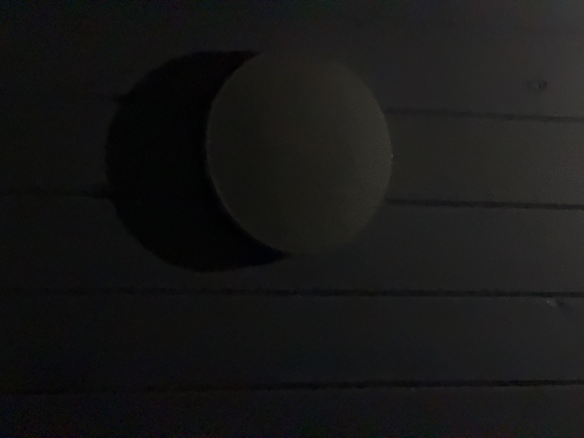 The image shows a close-up view of a ceiling light fixture. The fixture has a dark, circular shade that partially covers a white, rounded diffuser. The ceiling itself is made of vertical wooden planks. The lighting is dim, creating deep shadows. The scene is indoors, likely in a residential or public space.