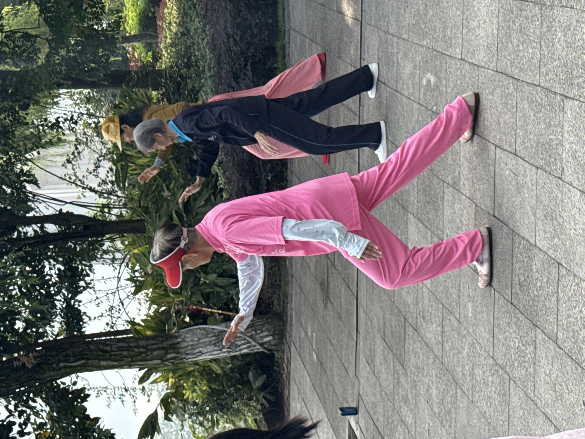 The image captures a group of individuals practicing Tai Chi in an outdoor park setting, likely in the city of Jiangjin, China. In the foreground, an elderly individual wearing a bright pink tracksuit and a red visor is in mid-movement, with one arm extended and the other bent. Behind them, another person in a black tracksuit and white sneakers is also performing the exercise. Further in the background, a third individual is seen wearing a yellow hat and a brown jacket. The setting is paved with stone tiles, and lush green trees and foliage surround the area, suggesting a tranquil park environment.
