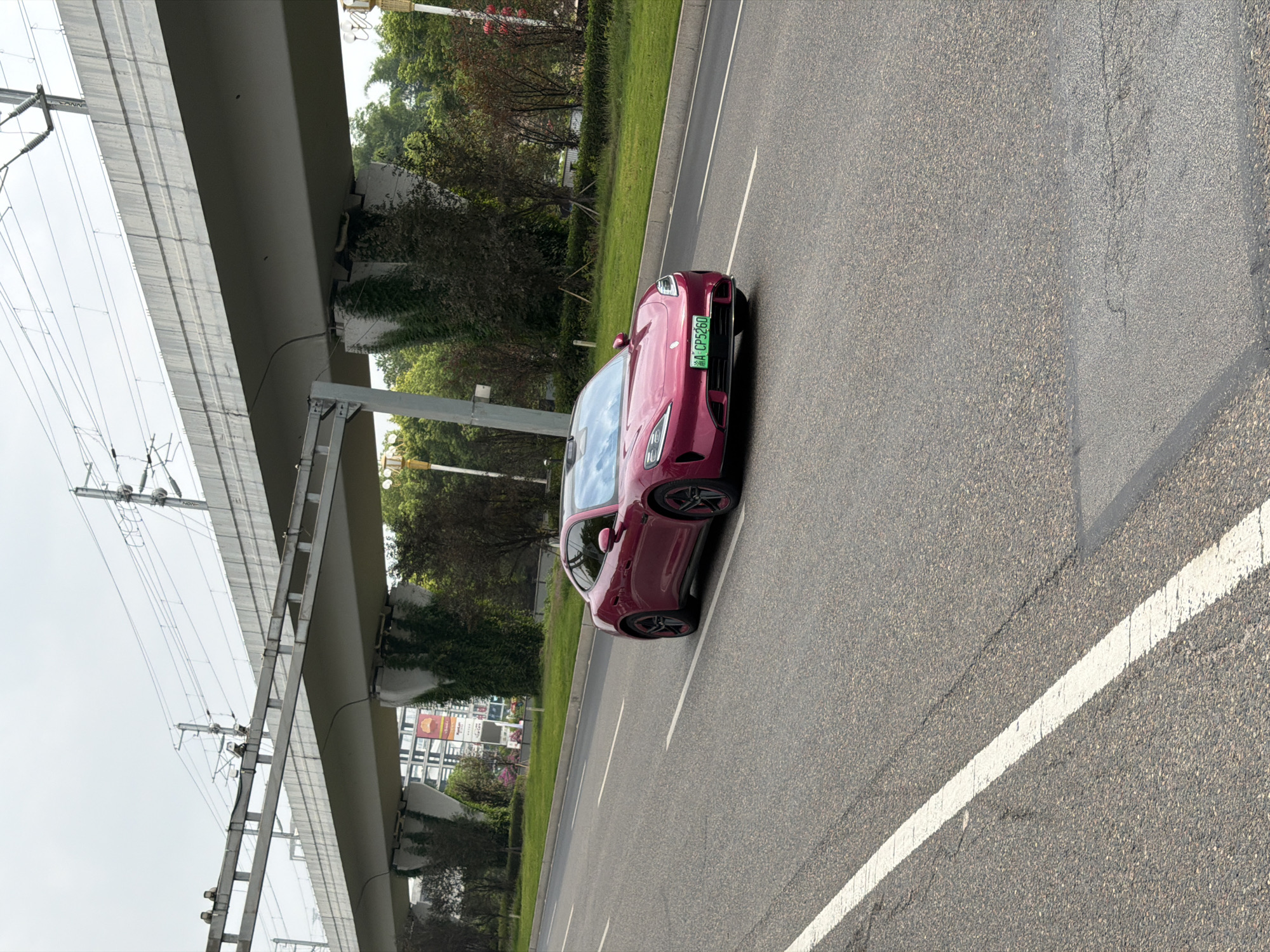 An overhead train line supported by concrete pillars runs across the upper portion of the image. Below the train line, a dark red electric car, identified by a green license plate reading "A CP5260", is captured in motion on an asphalt road. The car is positioned in the right lane, slightly angled towards the center of the road. The surrounding environment features a grassy median with scattered trees and shrubs, and a building with visible signage in the background on the left side. The sky is overcast with a pale, grayish hue. The image appears to have been taken on a street in the city of Jiangjin, China.