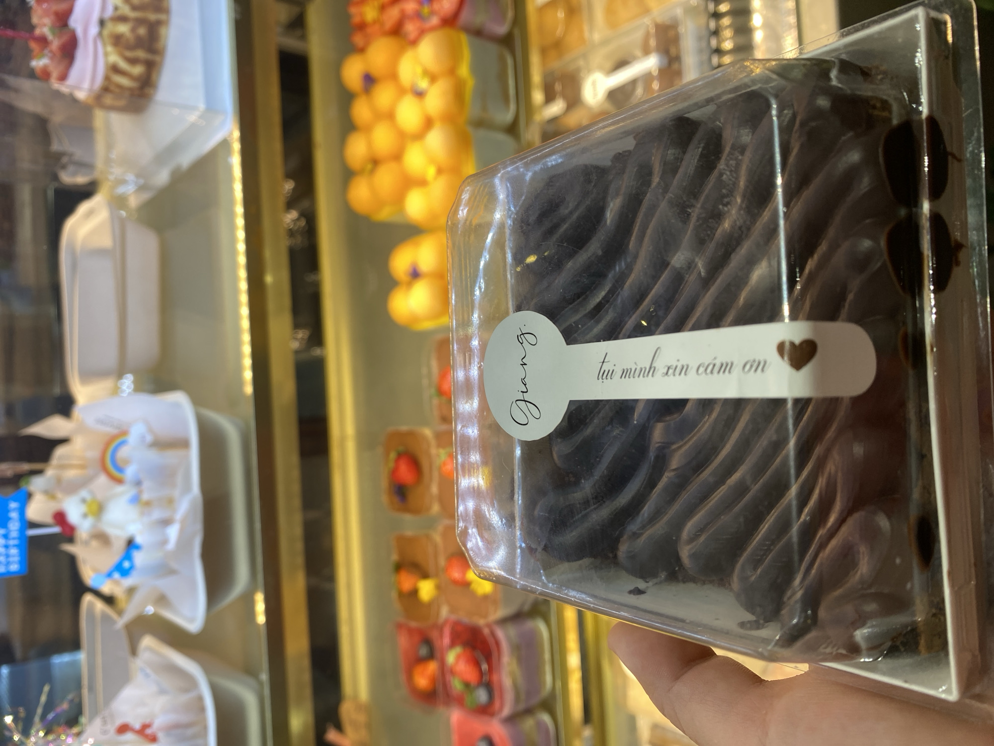 A person holds a clear plastic container of chocolate cake in front of a display case of various baked goods. The cake has dark chocolate frosting arranged in thick, swooping lines. A label on the container reads "Giang. tui minh xin cảm ơn" with a heart icon. The display case behind the cake contains various desserts including round yellow pastries, small square cakes with fruit toppings, and a cake decorated with a rainbow. The location is likely a bakery or cafe in Đồng Nai, Vietnam.