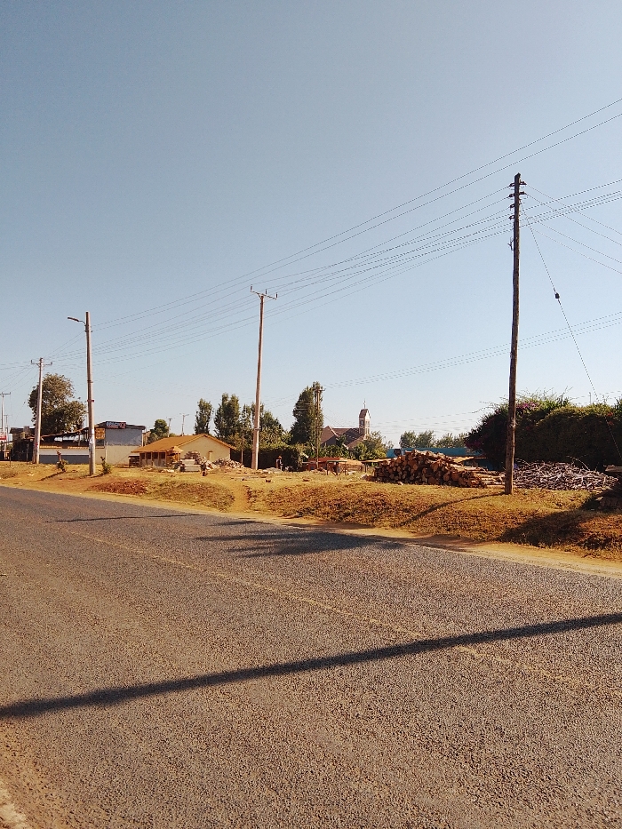 The scene depicts a daytime, clear-weather view in Karingani ward, Kenya, from the perspective of an asphalt road. A long, dark shadow extends diagonally across the road from the lower left to the mid-right. The road is bordered by a reddish-brown dirt verge.
In the mid-ground, multiple wooden utility poles with overhead power lines traverse the frame horizontally. The pole on the far left features an attached streetlight. A light-colored, single-story building, appearing to be under construction or renovation with exposed wooden framing, is centrally positioned. At least two individuals are visible near this building; one appears crouched or bending at the front, another stands further back. To the right of the building, a large stack of cut logs is present, next to a smaller pile of branches and debris. Two additional figures are vaguely discernible further right, behind the woodpiles.
In the background, various trees with green foliage are visible. A church-like structure with a pointed roof and possible bell tower is discernable behind the trees, slightly right of center. Other distant buildings are partially visible on the far left. The sky above is clear and light blue.