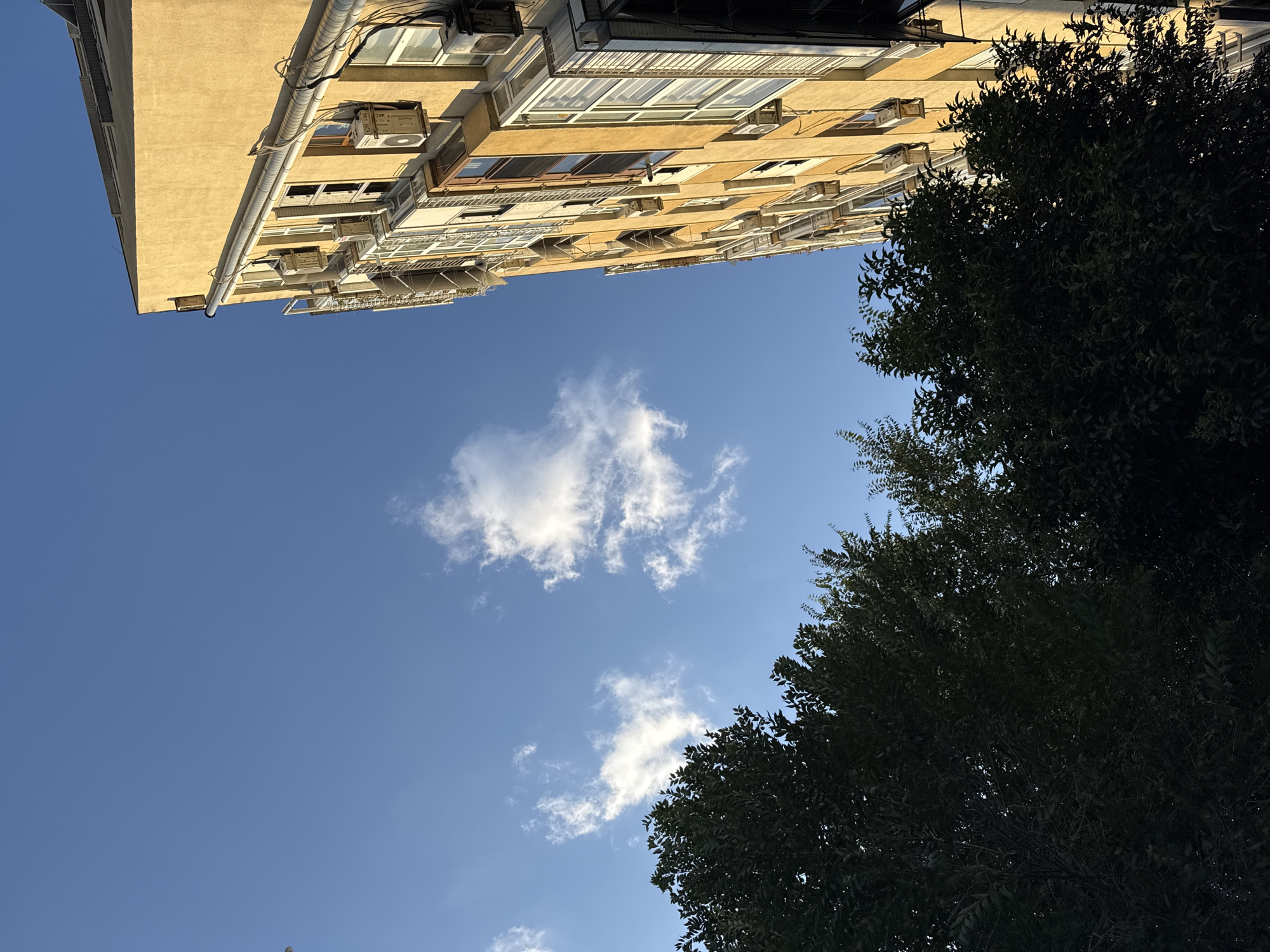 The image, captured in Gungoren, Turkey, presents an upward-facing view of a yellow building against a clear blue sky with scattered white clouds. The building, likely an apartment complex, features numerous windows, balconies with railings, and air conditioning units mounted on its facade. A drainpipe runs vertically along the side of the building. In the lower left quadrant of the image, the dark green foliage of trees partially obscures the view of the sky. The lighting suggests it is daytime, with sunlight illuminating the right side of the building.