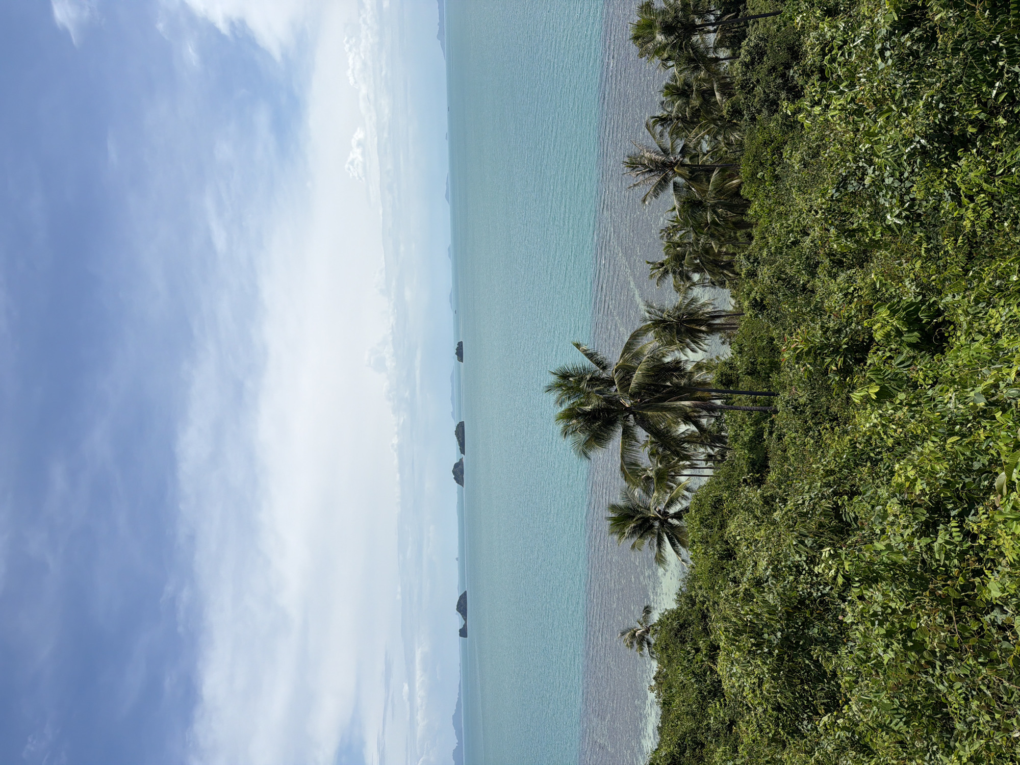The image captures a tropical coastal scene. A body of water, likely the ocean, occupies the majority of the left side of the frame. The water appears a light turquoise color. In the distance, there are several dark, rocky islands scattered across the water. The sky is light blue with scattered white clouds. A dense area of green vegetation, including palm trees, covers the right side of the image. This suggests a tropical forest or jungle environment. The scene is located near Baan Taling Ngam, Thailand. There are no people visible in the image.