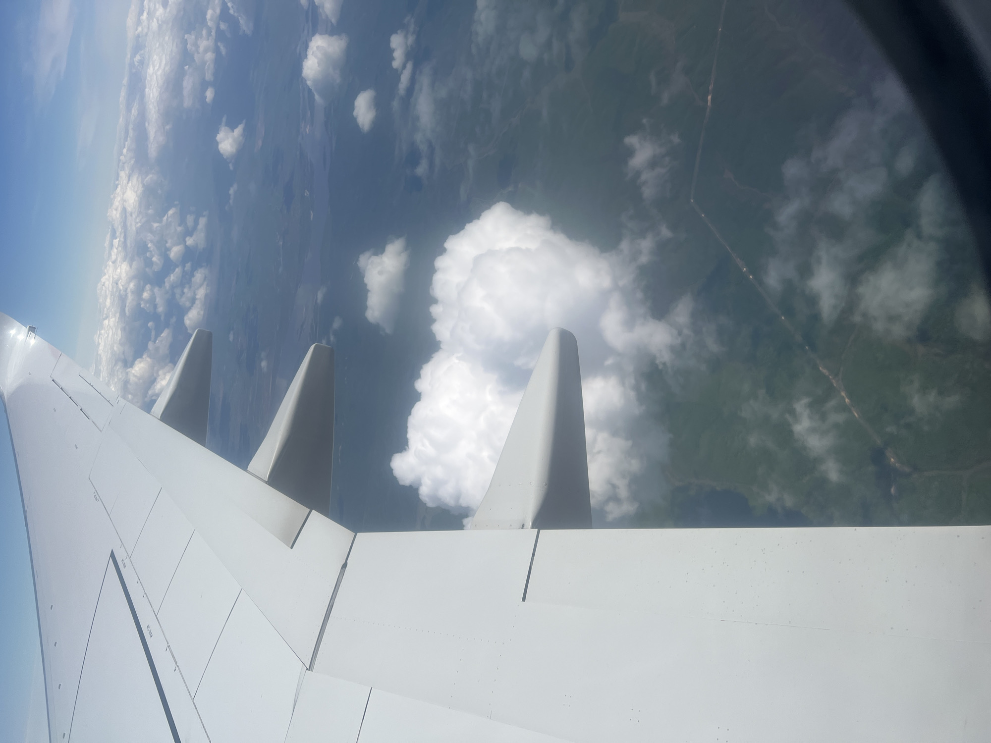 This is an aerial photograph taken from an airplane window, looking down at the landscape below and out towards the sky. The prominent feature in the foreground is the white wing of the airplane, angled diagonally from the bottom left towards the top right of the frame. The wing is sleek and modern, with visible panel lines and rivets. Part of the wing's flap mechanism is visible.
Beyond the wing, the scene transitions to a view of the Earth from a high altitude. A vast expanse of clouds stretches across the horizon, appearing as fluffy white masses against a bright blue sky. These clouds are varied in size and density, with some casting shadows on the land below.
The land visible beneath the clouds is a patchwork of green fields, possibly agricultural land, interspersed with bodies of water that appear dark and reflective. There are some winding lines that could be rivers or roads. The overall impression of the landscape is one of rural or undeveloped terrain.
The lighting suggests it is daytime, with the sun illuminating the clouds and the wing of the aircraft. The perspective is looking downwards and slightly forward from the plane. The location is an unspecified area, with no specific city or landmarks identifiable from the image.