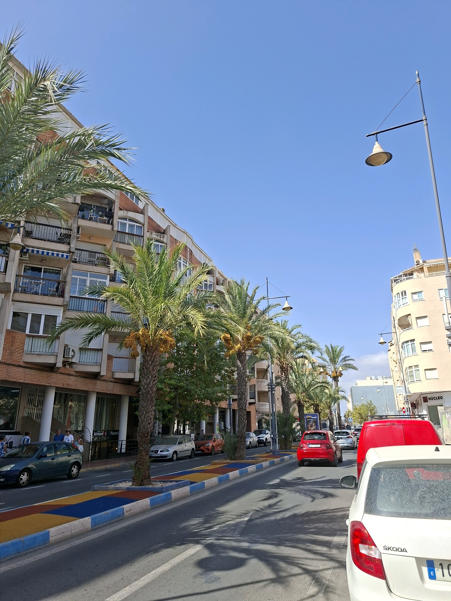 The image depicts a street scene in Torrevieja, Spain, under a clear blue sky. The perspective is from a street-level view, looking down a road lined with palm trees and buildings. On the left, a multi-story residential building with balconies, windows, and some awnings is prominent. The building has a facade of brick and white sections. A green car is parked on the left side of the street.
The road itself has a distinct section of decorative curbs and median with colorful tiles in blue, yellow, and red, separating the lanes. Several cars are visible on the road, including a red hatchback, a silver hatchback, and the rear of a white Skoda. In the background, more buildings and streetlights are visible, along with other vehicles. A red van is also present in the scene. The street appears to be a busy urban area, possibly a commercial or residential district, with the presence of shops or businesses indicated by signage. Shadows of palm trees are cast across the road and sidewalk.