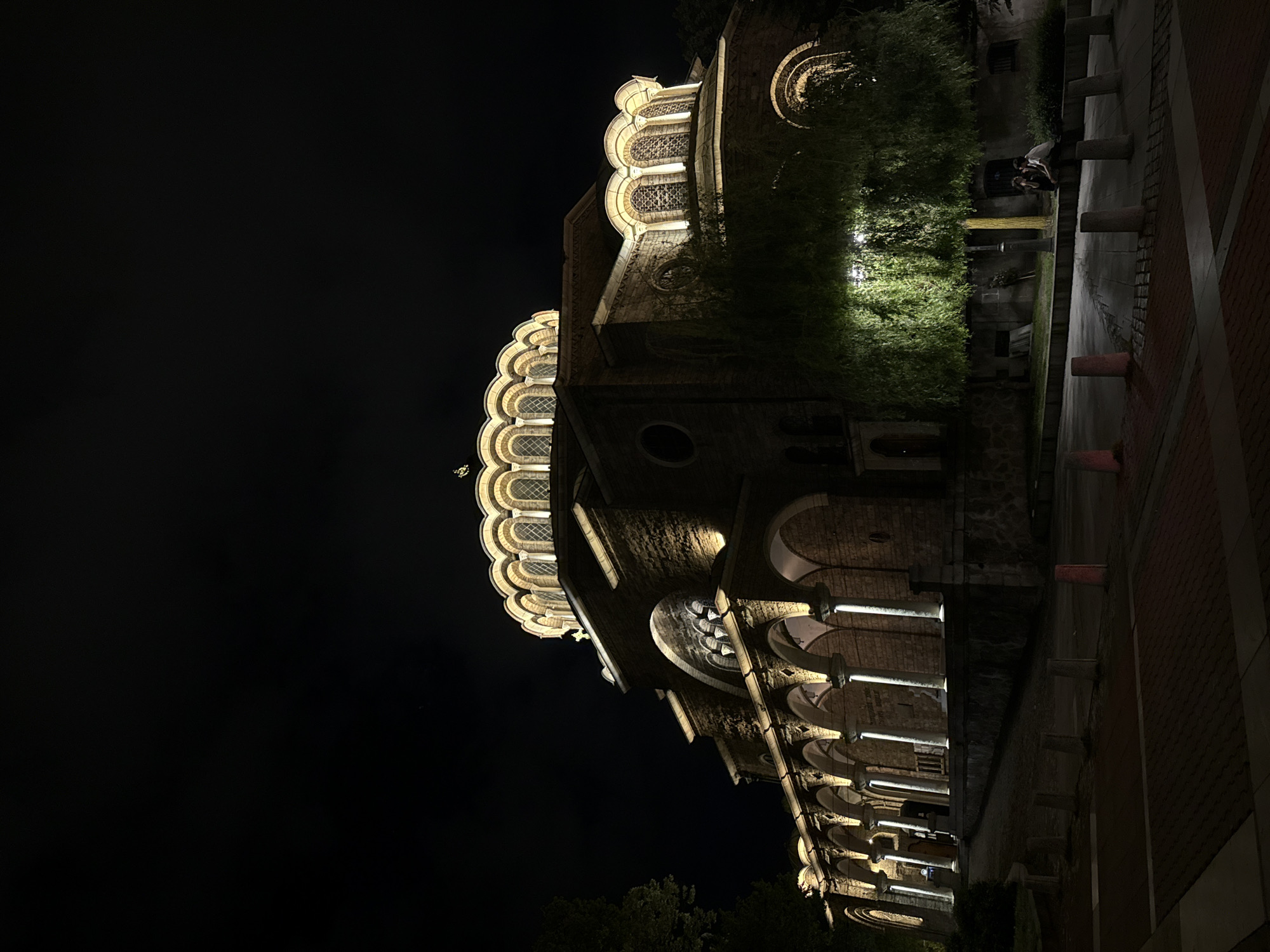 The image shows the Alexander Nevsky Cathedral in Sofia, Bulgaria at night. The cathedral is illuminated, highlighting its architecture, including the ornate dome, windows, and arches. There are trees and bushes around the cathedral. People are visible sitting on a wall. The night sky is dark. The foreground shows part of the walkway with street furniture.