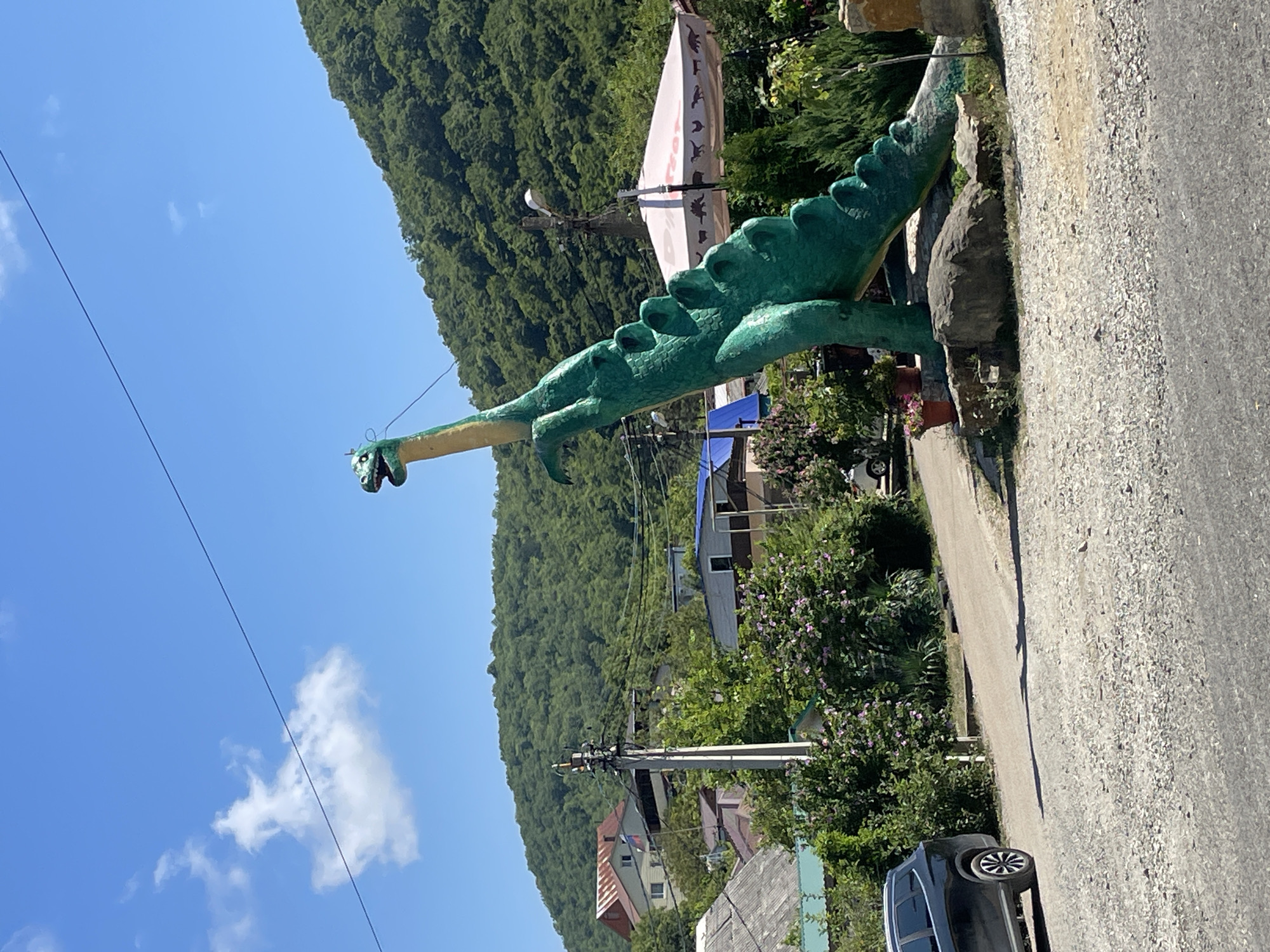 This image depicts a large, green, fiberglass statue of a Brontosaurus dinosaur located in Dzhubga, Russia, alongside a road in a mountainous, green, and partly-developed area. The dinosaur statue is positioned in the foreground, leaning to its right and facing left, with its mouth open in a roaring pose. Its body is segmented with large, rounded plates along its spine, and its tail trails off to the right, resting on rocks.
Behind the statue, a paved road curves away, with a dark-colored SUV parked on the left side of the road. The environment transitions into a densely vegetated hillside, with lush green trees and bushes covering the slopes of a mountain. Several buildings, including houses with red and white roofs, are visible nestled amongst the trees and along the roadside, suggesting a residential or commercial area. Electrical poles and wires are present, indicating the presence of infrastructure. In the middle ground, a large, light-colored umbrella, possibly from an outdoor cafe or market, is set up, featuring decorative silhouettes of farm animals. The sky above is clear blue with a few scattered white clouds, and a thin black wire stretches diagonally across the frame from the top left to the middle right. The overall scene suggests a roadside attraction or a decorative element in a rural or semi-rural setting.
