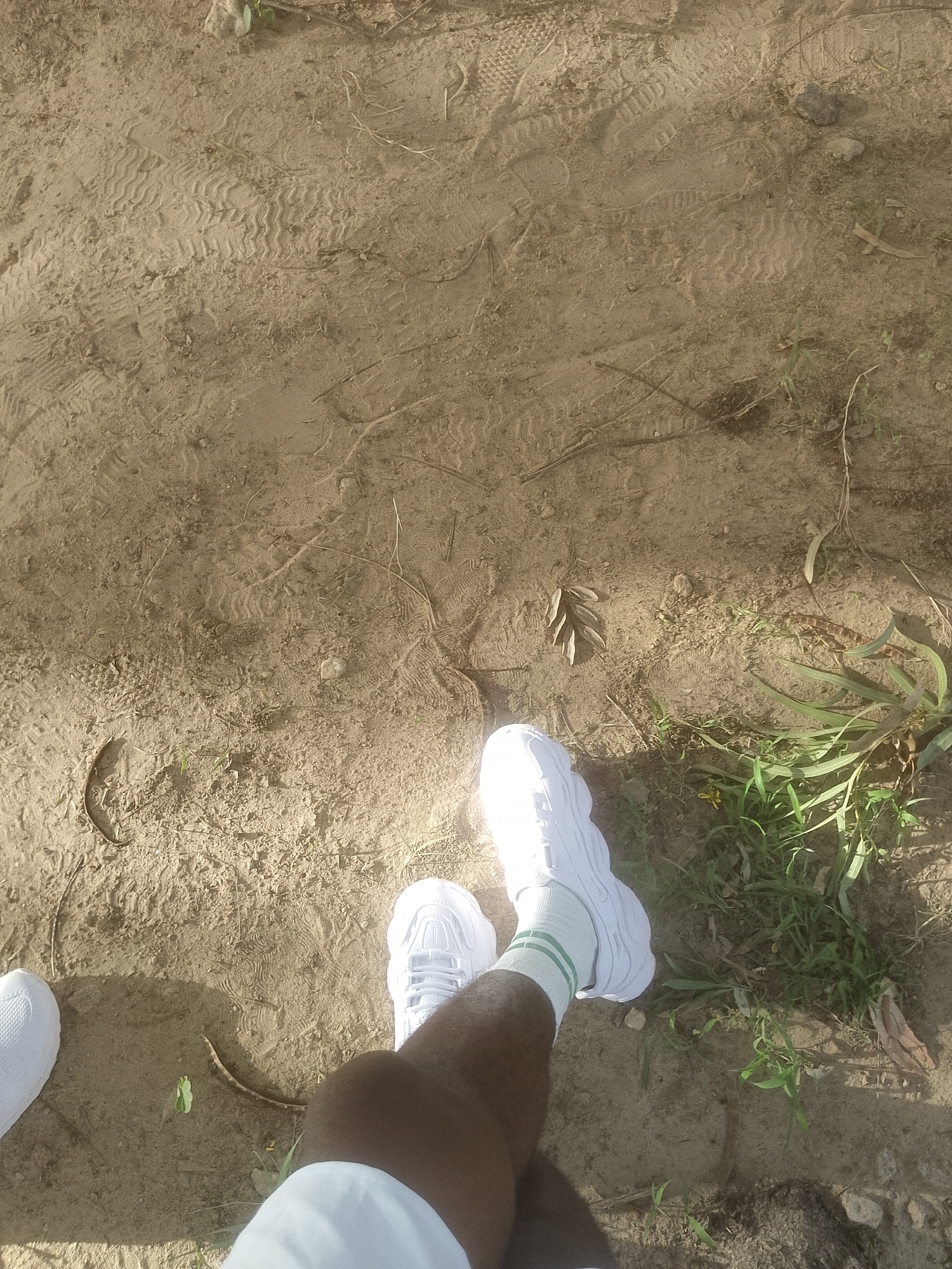 The image shows a pair of white sneakers with green and white striped socks on a person's feet. The person is standing on a dirt path with some sparse vegetation and dried leaves. There are visible shoe prints in the dirt. The lighting suggests it is daytime, likely outdoors in a rural or semi-rural area within Majemu, Nigeria. The perspective is from above, looking down at the person's feet and the ground.