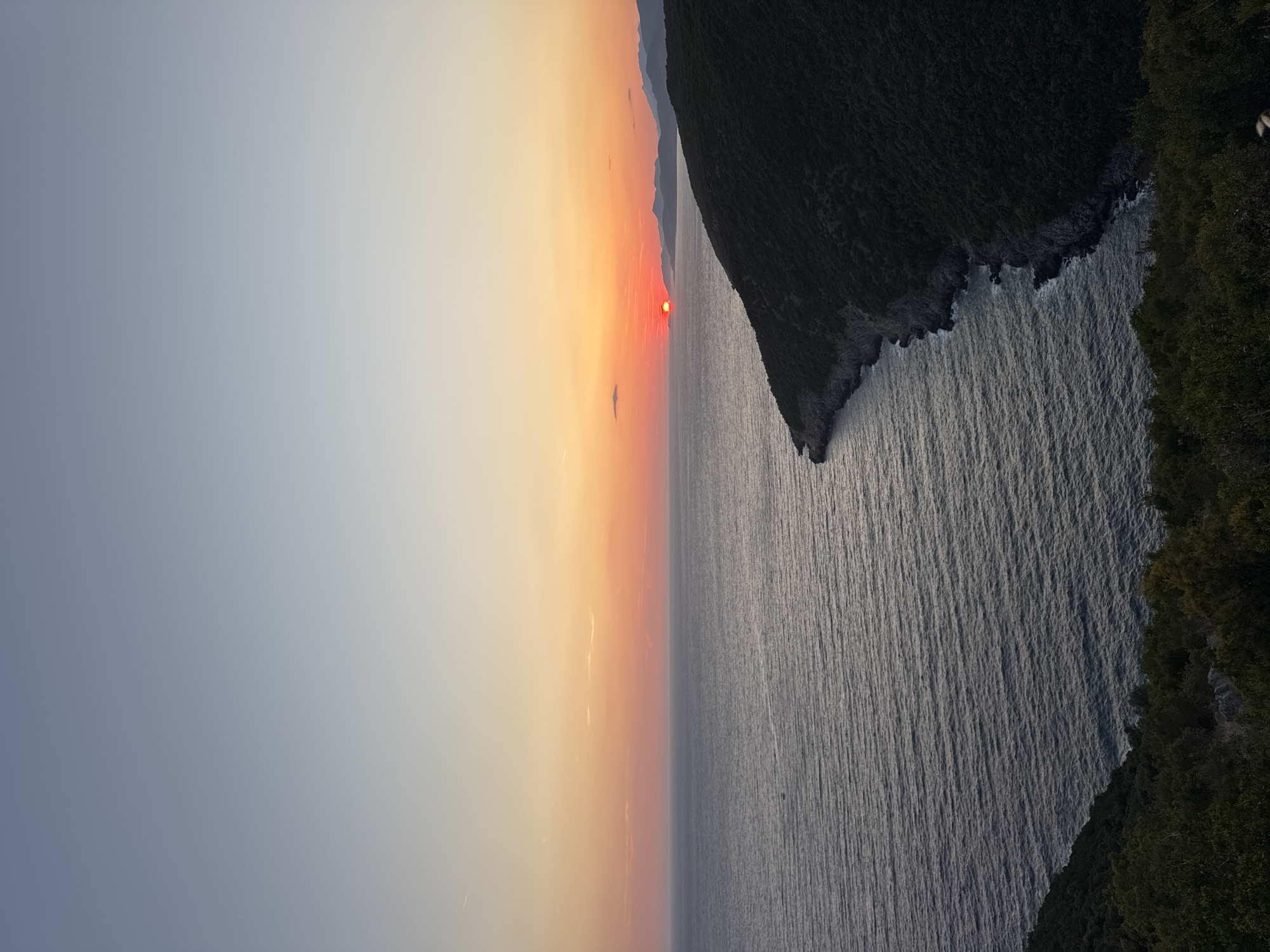 The image depicts a coastal sunset scene at the city of Zagora, Montenegro. The sun is low on the horizon, casting a warm orange and pink glow across the sky, which transitions to a pale blue overhead. The vast expanse of the Adriatic Sea occupies the left side of the frame, with gentle waves creating a textured surface. On the right, a rugged, tree-covered coastline juts out into the sea, forming a dramatic curve. In the distance, a silhouette of mountains can be seen against the fading light. The foreground shows dense green foliage.