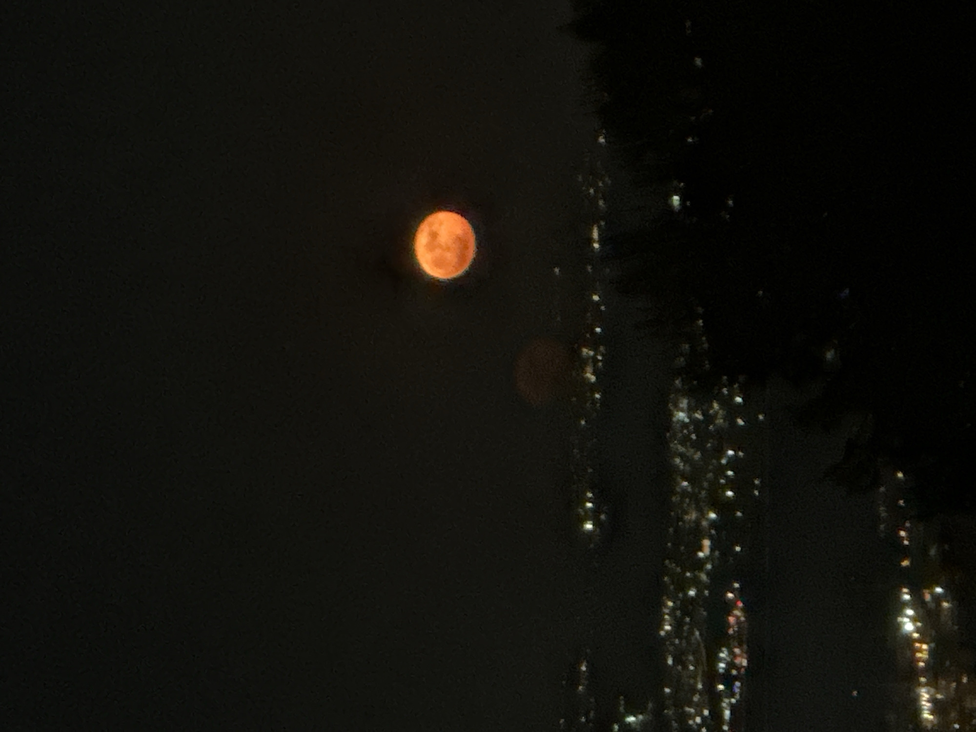 The image depicts a nighttime scene with a prominent orange full moon in a dark, cloudy sky. To the right of the moon, a blurry vertical structure, possibly a building or trees, is visible with scattered lights that appear as bright, small points. The overall atmosphere is dim and somewhat mysterious, with the bright moon being the central focal point. The presence of lights suggests an urban or semi-urban setting, and the cloudy sky contributes to a dramatic, moody ambiance. The time of day is clearly night, and the weather appears to be overcast. No people are visible in the image. There is no visible text. The context of Haifa, Israel, suggests this could be a view of the city at night with the moon visible through the clouds.