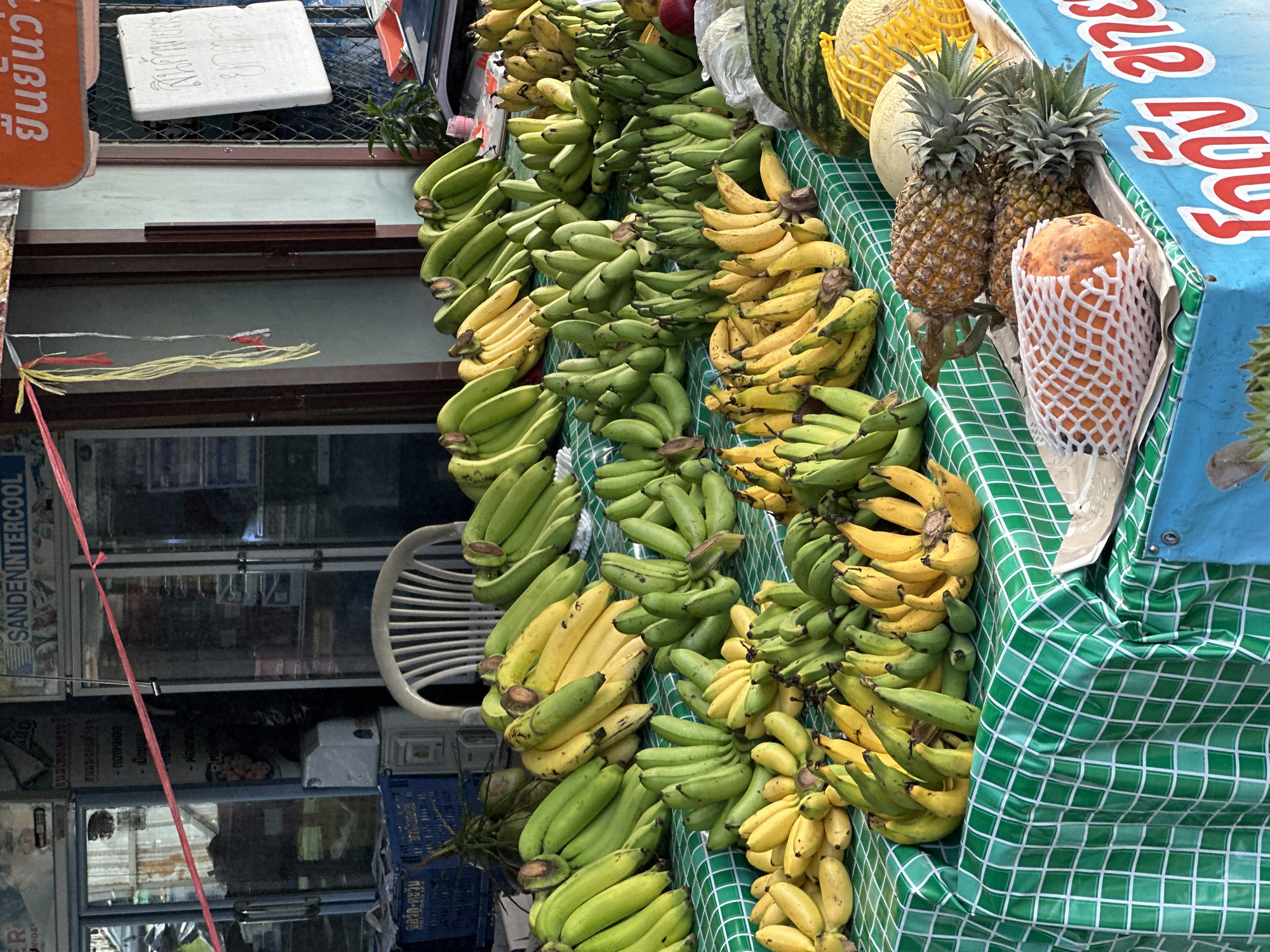The image shows an outdoor fruit stand with a variety of fruits, primarily bananas, displayed on tables covered with green and white checkered cloths. There are several bunches of green and yellow bananas, some ripe and some unripe. In the foreground, there are pineapples, a papaya wrapped in netting, watermelons, and a melon. The background shows a building with glass doors and signs, possibly a shop or market. A white chair is visible to the left. A red string is strung across the scene from left to right, above the fruit. The overall impression is of a vibrant, bustling fruit market.