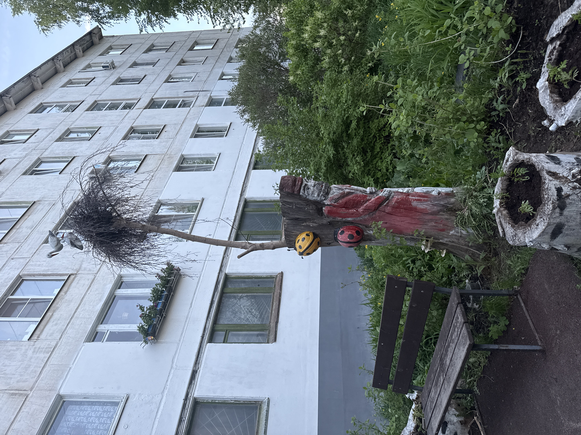 The image depicts a Soviet-era apartment building in Chaikovsky, Russia. The building is tall and constructed of prefabricated concrete panels, typical of the period. It features rows of windows, some of which have been updated with modern frames. One window has a planter box attached.
In the foreground, there is a wooden bench near a creatively repurposed tree stump. The stump is decorated with carvings and painted accents in red, along with what appear to be decorative ladybug ornaments. To the right of the bench, there are hollowed out tree trunks that have been turned into planters.
The ground around the bench and planters is a mix of paved surface and dirt, with grass and other vegetation growing nearby. A leafless tree branch, decorated with what appears to be stork figures, extends toward the building.