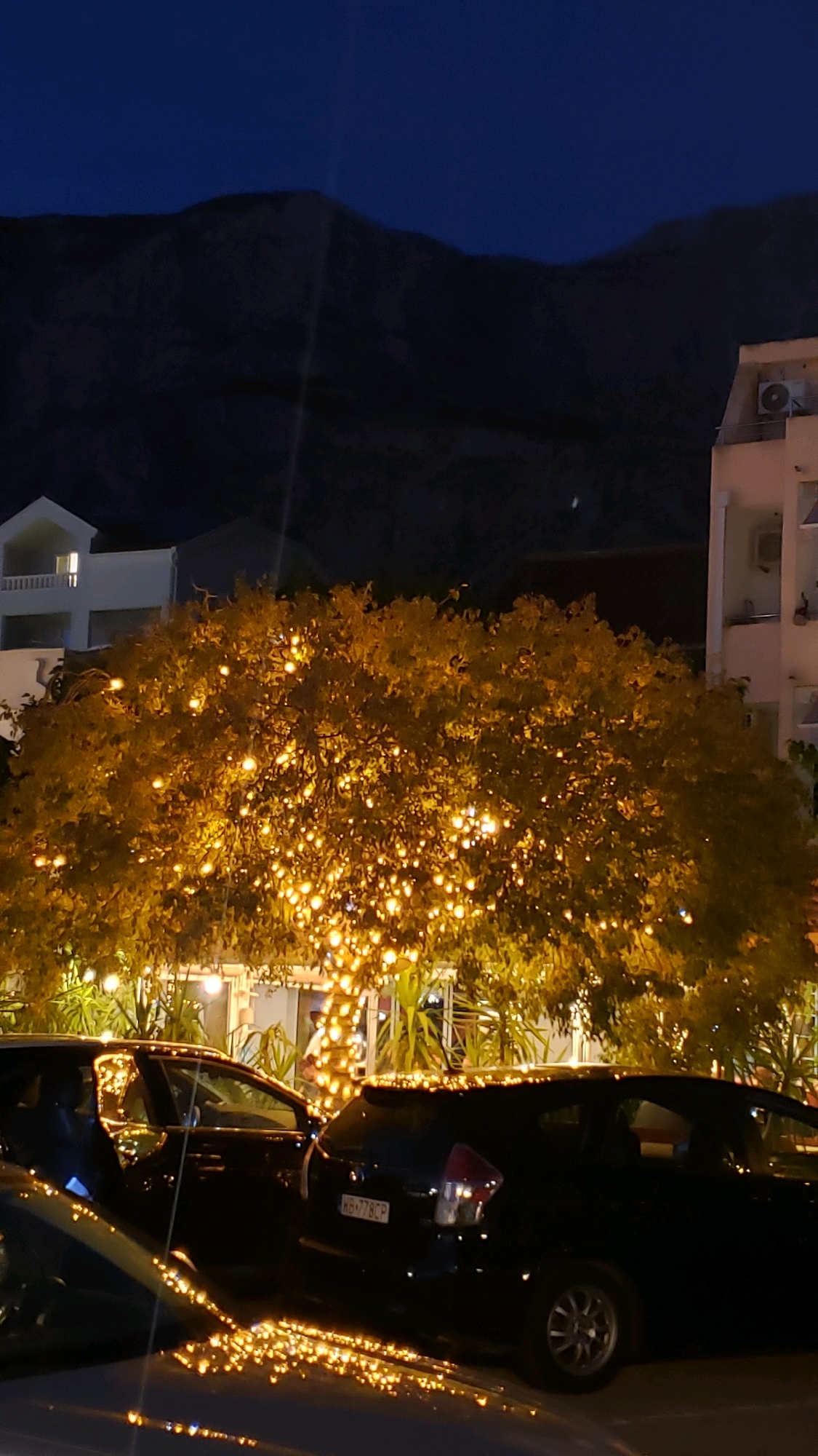 This vertical, full-frame photograph taken at night in Općina Tučepi, Croatia, depicts a scene dominated by a tree adorned with numerous small, warm-toned lights. The tree's foliage is dense and appears to be illuminated from within by these lights, creating a magical glow. In the foreground, two dark-colored cars are parked, their surfaces reflecting the ambient light, particularly along the hood and roof of the car on the left. The car on the right has a visible license plate with characters that appear to read "WB 77BCP." Behind the tree, partially obscured by its branches, are buildings, including a white multi-story structure on the left with lit windows, and a pale-colored building on the right with visible outdoor air conditioning units. In the background, a dark mountain range is silhouetted against a deep blue night sky. The overall impression is one of a festive or decorated outdoor area, possibly a street or a restaurant, with a natural element enhanced by artificial illumination.