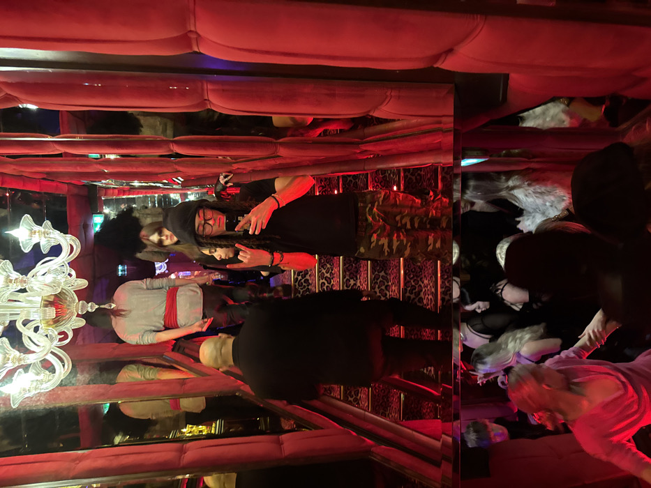 The image depicts an interior scene at the Crazy Horse Saloon, located at 12 Avenue George V, 75008 Paris, France. A narrow staircase with leopard-print treads is surrounded by extensive mirroring and plush red padded walls, creating multiple reflections and a red ambient light. An ornate crystal chandelier hangs from the mirrored ceiling above the staircase.
In the center of the upper half, a person with dreadlocks, wearing a black beanie, black t-shirt, and camouflage pants, is reflected in a mirror, holding a smartphone to take a selfie. This individual makes a "rock on" hand gesture. To their immediate left, a woman with dark hair and a serious expression is partially reflected. Behind them, further reflections include a person with long, dark hair and dark sunglasses, and another with long, lighter hair.
On the physical staircase, a person with long hair, wearing a light grey shirt with a prominent red sash, descends with their back to the viewer. Behind them, a bald man in a black suit jacket also descends the steps.
The lower portion of the image reveals a crowded, dimly lit area below the visible staircase, primarily showing reflections of individuals. A woman with light hair, wearing a light pink, cowl-neck top, is prominent in this section, appearing to be dancing or moving. Numerous other figures, mostly women, are visible in close proximity, suggesting a lively social gathering or performance space.
