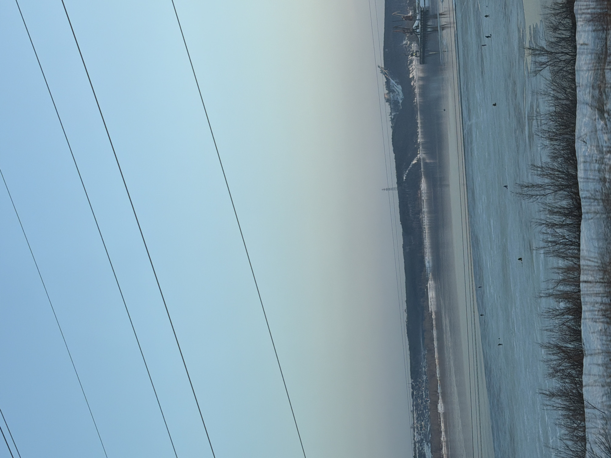 The image presents a wide, forensic view of a winter landscape in Noviy, Russia. The upper third of the frame is a clear, pale blue sky traversed by four dark, parallel power lines that angle slightly downward from left to right.
Below the power lines, a large body of water, likely a river, dominates the midground. This water body is significantly covered by light blue-white ice, broken by darker, irregular patches of open water or thinner ice. Approximately five to six indistinct human figures are observed dispersed across the ice, their postures consistent with ice fishing activity. One figure in the lower right is a distinct dark silhouette.
The far bank features a snow-covered landmass, densely forested in sections. Along this bank, from left to right, are scattered residential structures, a tall industrial power transmission tower, a visible ski jump facility with snow on its ramp, and a port area. The port contains multiple large, rust-colored cranes and associated dock infrastructure, with reflections visible in the open water.
The foreground is composed of a snow-covered bank, from which numerous bare, dark-branched shrubs or small trees protrude. The scene is illuminated by soft, natural light, consistent with winter conditions.