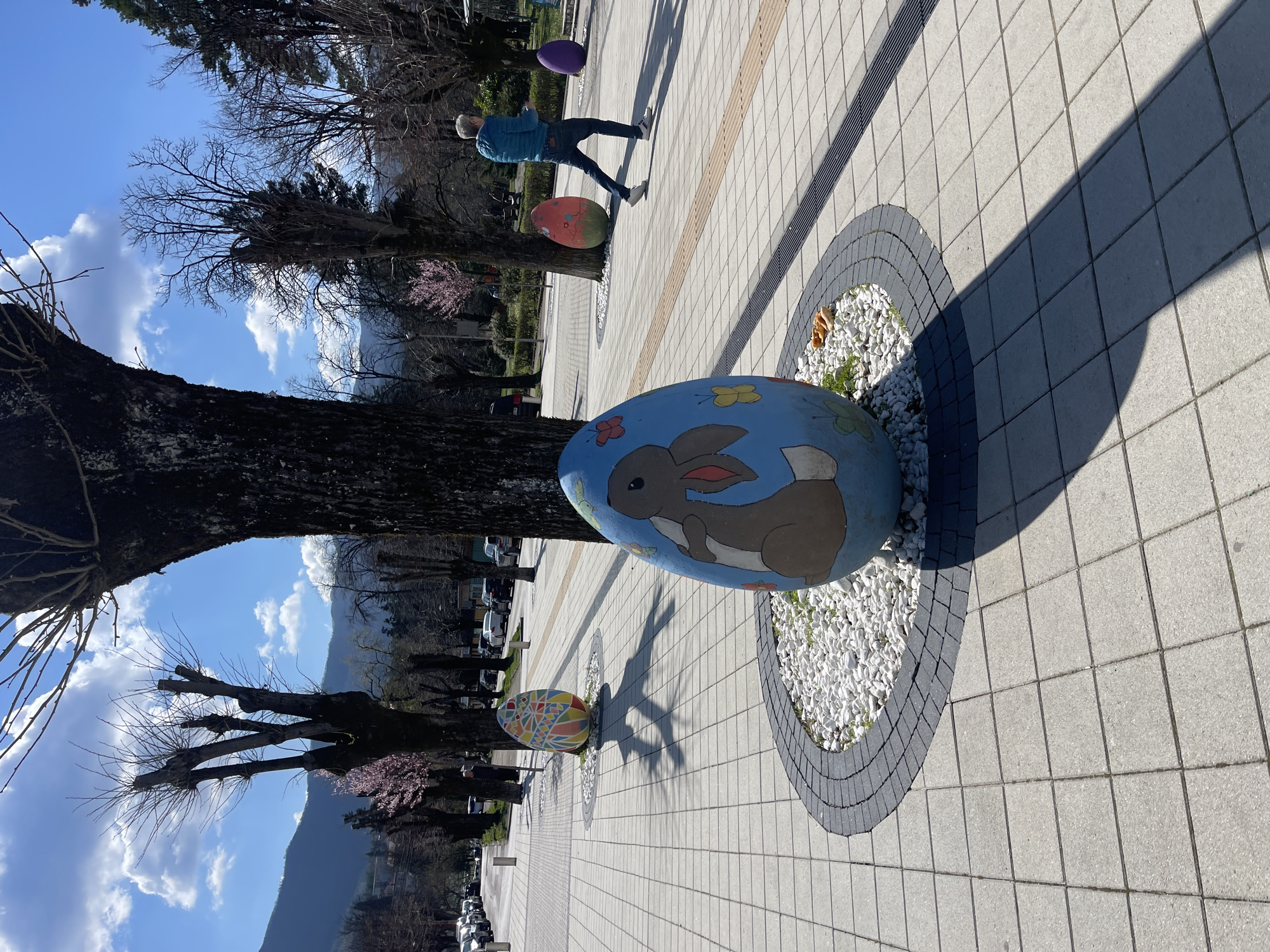 The image shows a street scene with large decorative Easter eggs in Varshets, Bulgaria. The eggs, painted with designs like bunnies and butterflies, sit on small circular beds of white gravel surrounded by a dark gray brick border, positioned along a tiled walkway with a subtle linear pattern. A blurred individual walks away from the camera in the background. Bare trees flank the walkway, some with hints of pink blossoms. The sky is blue with scattered clouds, and mountains are visible in the distance. The image is taken at an angle, presenting a dynamic view of the scene.