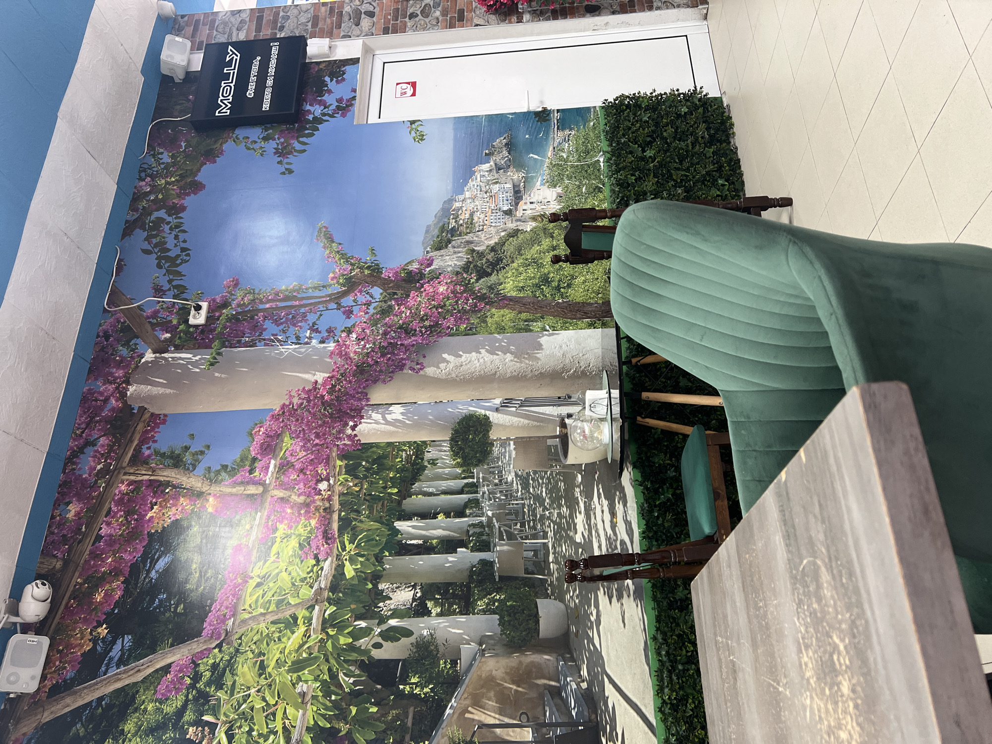 The image depicts an interior setting, possibly a café or restaurant in Goce Delchev, Bulgaria, based on the "MOLLY" sign in Bulgarian ("МОЛЛУ") and brickwork. The viewpoint is from behind a partially visible table and a green, velvet chair. A large, vertically oriented wall mural is the dominant feature, depicting a garden terrace with white columns, flowering bougainvillea, and a scenic Italian town overlooking the sea in the background. The mural includes details such as tables, chairs, and faux hedges. A white door with a WC symbol is present in the upper part of the image. A speaker, along with a black light box displaying "MOLLY" and its offerings in Bulgarian, are mounted on the wall next to the mural. A surveillance camera and an electrical outlet are also seen. The floor is tiled with light-colored rhombuses.