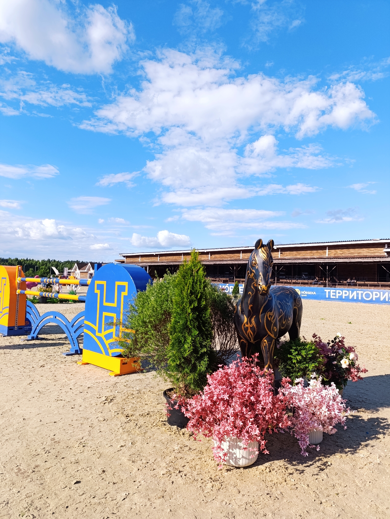 The image shows an outdoor equestrian event setup in Ivanovskoe, Russia. In the foreground, a dark statue of a horse with golden decorative patterns stands prominently. Flanking the horse statue are potted plants, including two large arrangements of pink and red artificial foliage and two evergreen shrubs. Behind the horse, a blue and yellow obstacle with the letter "H" in yellow is visible, part of a larger set of similar obstacles. The ground is sandy, typical for an equestrian arena. In the background, a long, wooden structure, likely a stable or seating area, is visible, with a blue banner featuring white lettering, partially obscured but readable as "ТЕРРИТОРИЯ" (Territory). The sky above is a clear blue with scattered white clouds. The scene appears to be set up for an event or competition.