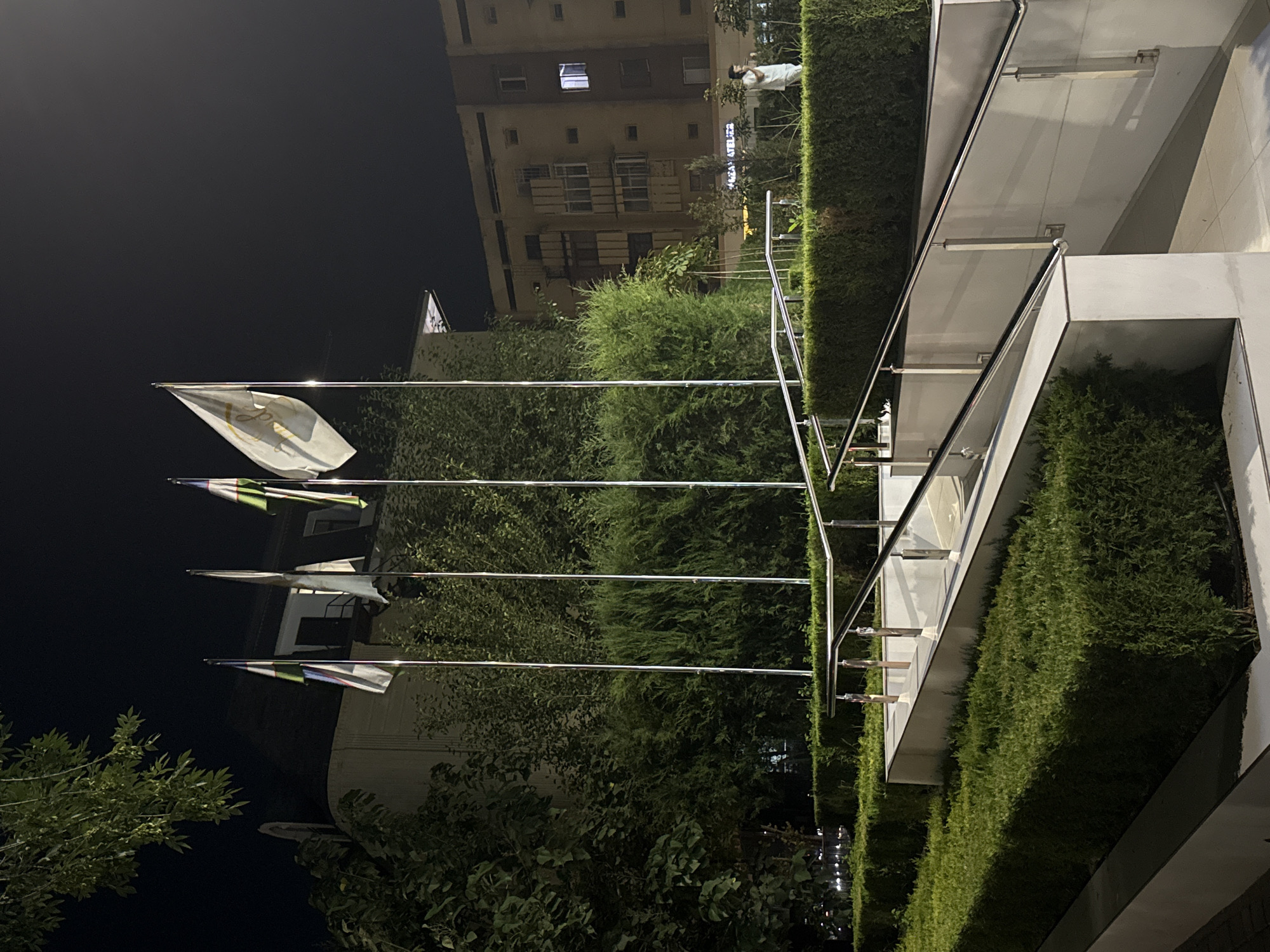 The image depicts an outdoor scene at night, likely in Tashkent, Uzbekistan, given the presence of flags that appear to be national flags of Central Asian countries, specifically Uzbekistan and possibly others. In the foreground, a well-maintained garden area features tiered hedges and a modern staircase with polished metal railings. The staircase leads down to an unseen lower level.
Several flags on tall poles are visible, with the flag of Uzbekistan, identifiable by its blue, white, and green stripes and crescent moon and stars, being the most prominent. Another flag is white with a golden emblem. The flags are illuminated by artificial lights, causing them to cast faint reflections on their poles.
In the background, a multi-story building with visible windows, some illuminated, is situated behind the garden. Adjacent to this building, another apartment building with balconies and windows is present. A lone individual, appearing to be a male wearing a light-colored shirt and dark trousers, is walking away from the camera on the right side of the image, near the apartment buildings. The overall atmosphere is calm and serene, characteristic of a public space at night.