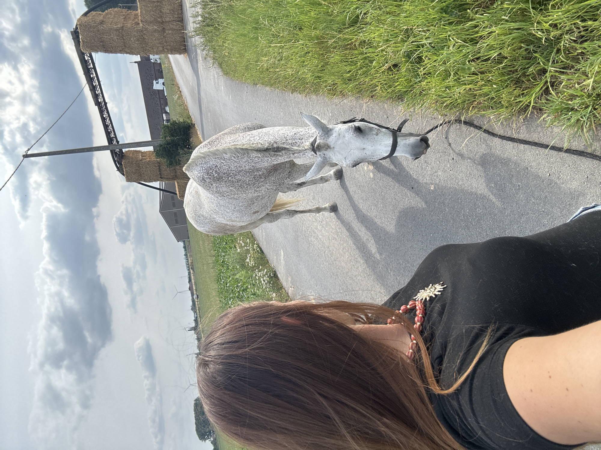 In Estaimpuis, Belgium, on a paved road bordered by lush green grass, a woman with long brown hair, wearing a black t-shirt and a beaded necklace, holds the reins of a speckled white horse. The horse is positioned ahead of her on the road, with its head lowered as if grazing. In the background, two large stacks of hay bales are visible, flanking a mechanical conveyor belt structure that spans the road, leading towards a distant barn. The sky above is a mix of grey clouds and patches of blue, and a few windmills can be seen in the far distance, suggesting a rural or agricultural setting.