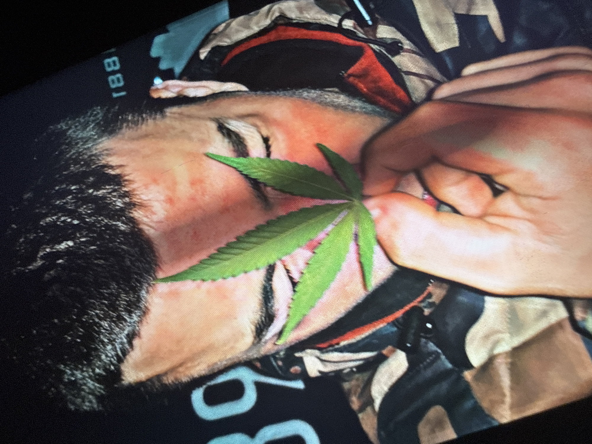 The image displays a close-up view of a person's face, with their eyes partially closed. The individual is holding a green cannabis leaf in front of their face, obscuring part of their nose and mouth. The person is wearing a jacket with a camouflage pattern that includes shades of brown, black, and beige, with red accents visible around the neckline. The background is dark, with faint, glowing blue text or numbers that appear to be "39" and "1881" on the left and right sides of the image, respectively. There is no discernible indication of the specific location in Sofia, Bulgaria. The lighting is somewhat dim, with a reddish hue cast on the person's skin, particularly on their cheeks. The image appears to be a photograph taken at close range.