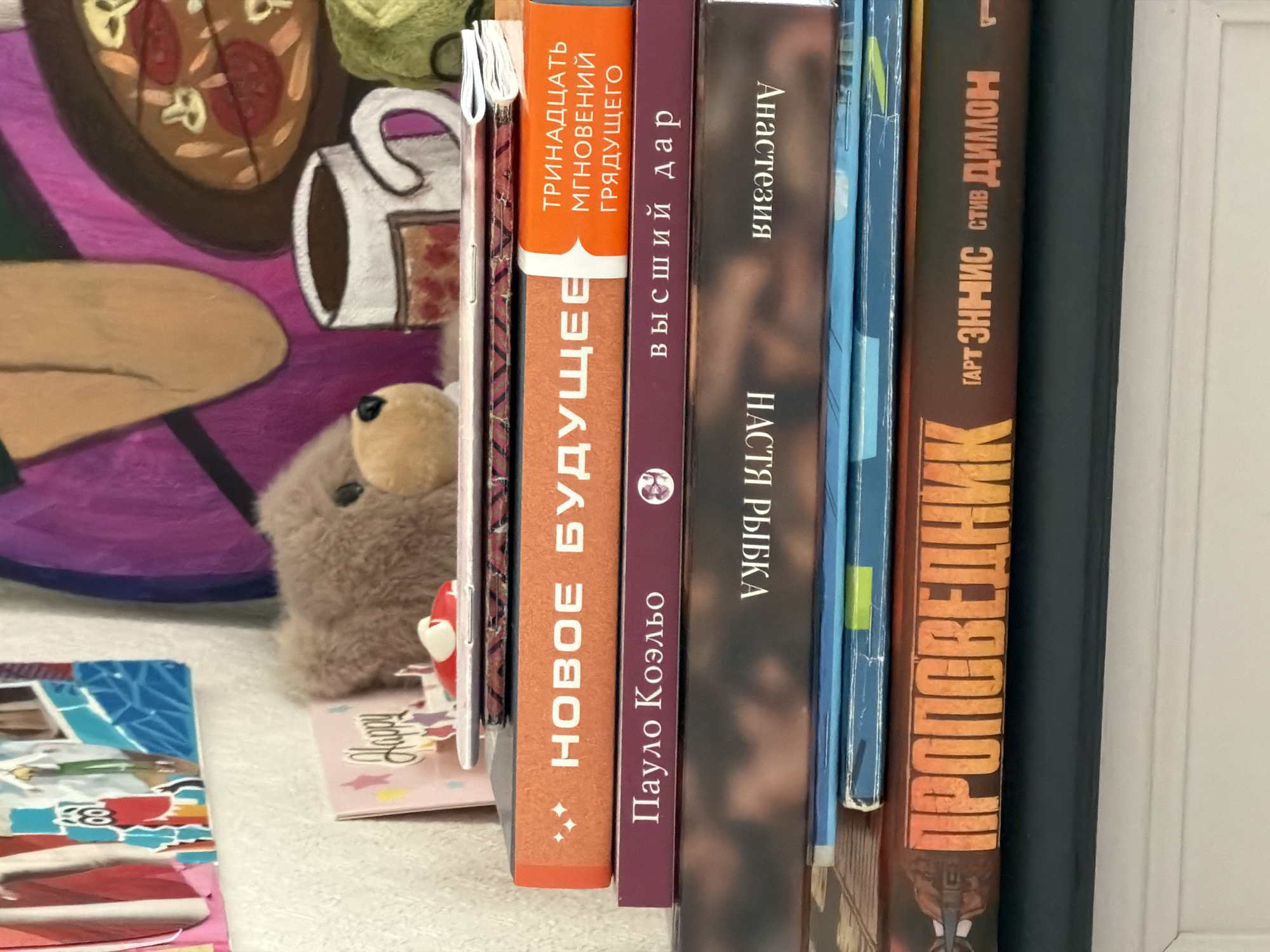 A close-up shot captures a collection of books standing upright on a shelf or tabletop, flanked by personal items. To the left, a portion of a vibrant painting is visible, depicting a stylized pizza slice and a white mug. Below the painting, a small, fluffy, light brown plush toy peeks out, positioned next to two small cards, one of which reads "Happy."
The books feature Russian titles on their spines. From left to right:
1. An orange-spined book with "ТРИНАДЦАТЬ МГНОВЕНИЙ ГРЯДУЩЕГО" (Thirteen Moments of the Coming/Future) at the top and "НОВОЕ БУДУЩЕЕ" (New Future) prominently displayed below.
2. A purple-spined book with "Пауло Коэльо" (Paulo Coelho) and the title "высший дар" (highest gift).
3. A dark-spined book with "НАСТЯ РЫБКА" (Nastya Rybka) visible, and "Анастасия" (Anastasia) printed upside down above it.
4. A wider, brown/orange-spined book, identified as "ПРОПОВЕДНИК" (Preacher) by authors "ГАРТ ЭННИС" (Garth Ennis) and "СТИВ ДИЛЛОН" (Steve Dillon).
The scene suggests a cozy, personal space, likely in a home in Moscow, Russia, given the language of the books.