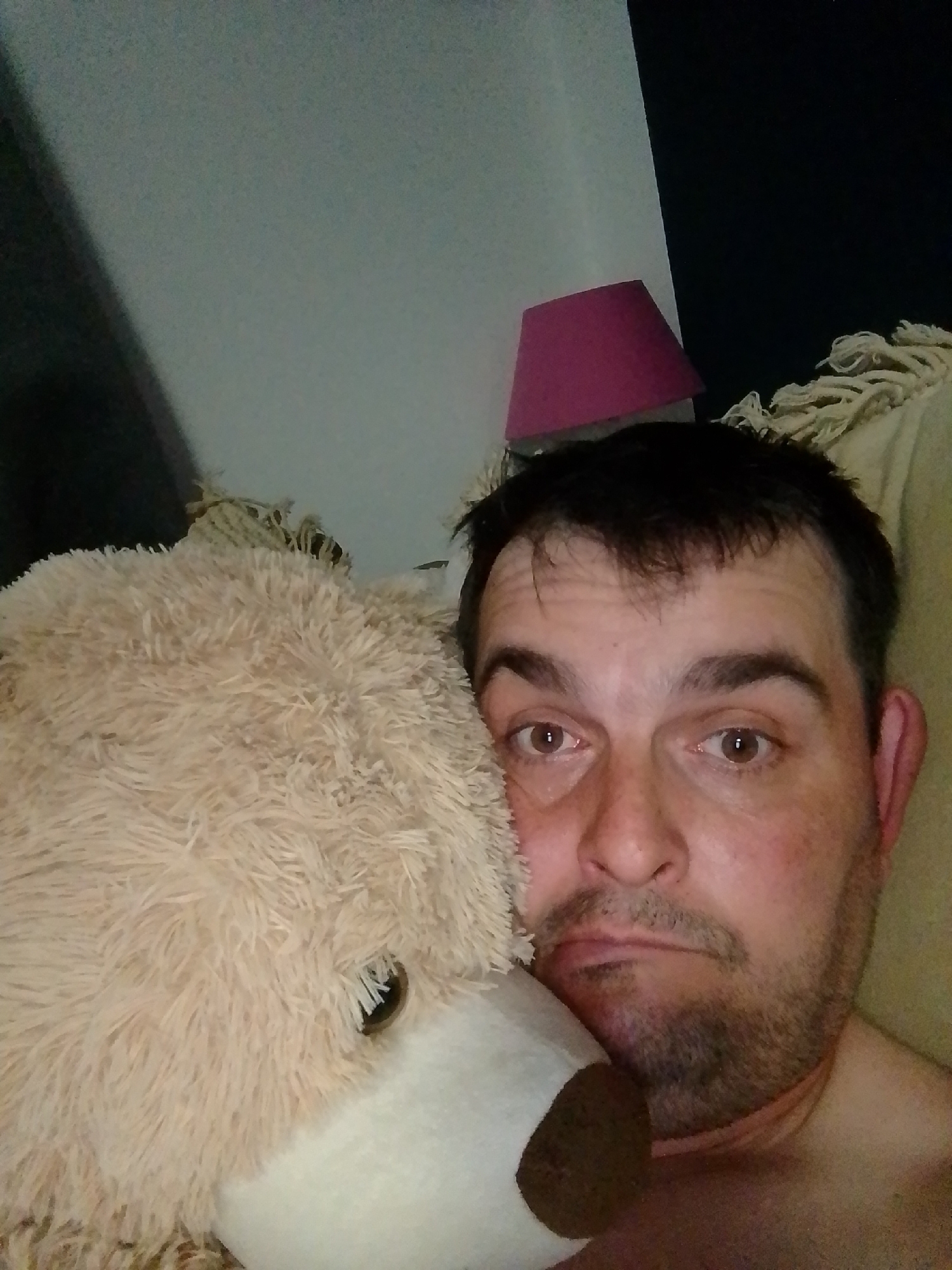 A man with short, dark hair and a beard is lying in bed, holding a large, fluffy teddy bear. He is facing the camera, and his expression is neutral. The teddy bear is light brown and covers part of his face and chest. The background shows a wall with a pink lampshade and a dark area, possibly a closet or another wall. There are also some woven blankets visible. The lighting suggests it is nighttime or the room is dimly lit. The image appears to be a selfie, taken in a bedroom. The man has brown eyes and is wearing a light-colored collar.