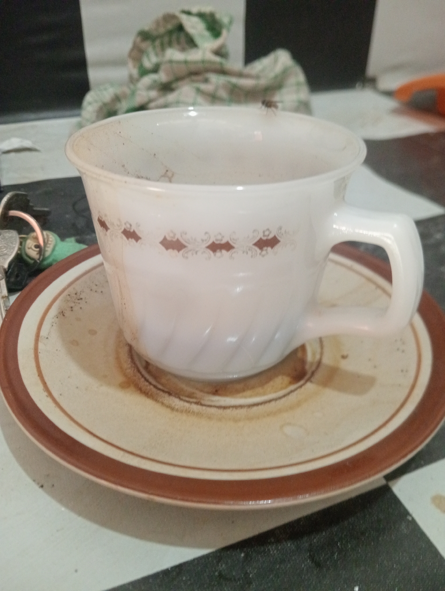 A fly is perched on the rim of a white ceramic teacup, which sits on a matching saucer. The teacup has a decorative pattern of brown diamond shapes with swirling designs. The saucer is stained with what appears to be coffee residue. In the background, a green and white cloth is folded, and keys with a green charm are visible to the left of the teacup. The surface beneath the teacup and saucer is a checkered pattern of black and white tiles, common in kitchens or dining areas. The scene is indoors, likely in a home in Buduan, Indonesia, given the context provided.