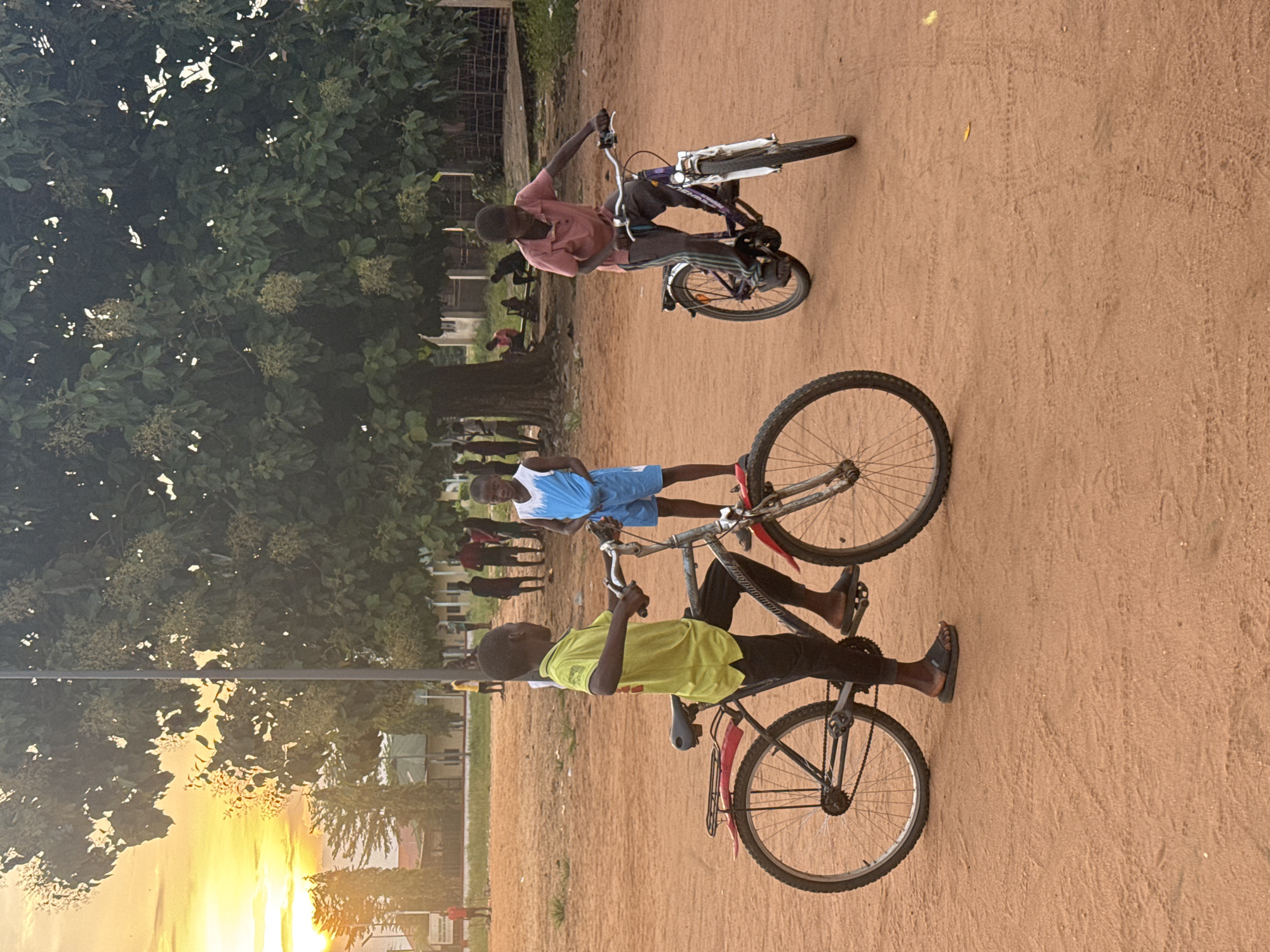 This image captures an outdoor scene at sunset in Ihiagwa, Nigeria, featuring three young boys with their bicycles on a reddish-brown dirt or sandy ground. The warm, golden light of the setting sun emanates from the lower left corner, casting a soft glow over the scene and silhouetting some background elements.
In the foreground, a boy wearing a lime green short-sleeved shirt and dark pants is positioned on a dark-framed bicycle with a red mudguard, his feet near the pedals. Another boy, dressed in a light blue tank top and blue shorts, stands slightly behind a silver-framed bicycle with a red seat and rack, looking towards the right. Further back and to the right, a third boy, clad in a pinkish-red short-sleeved shirt and dark pants, is actively riding or balancing on a purple and white mountain bike, holding the handlebars.
The ground is unpaved, showing clear bicycle tire tracks. In the background, lush green trees and bushes, some with light-colored blossoms or seeds, dominate the mid-ground and stretch upwards. Faint outlines of distant buildings and other people are visible amidst the greenery. The overall atmosphere appears casual and relaxed, indicative of children playing outdoors during the late afternoon. There is no visible text in the image.