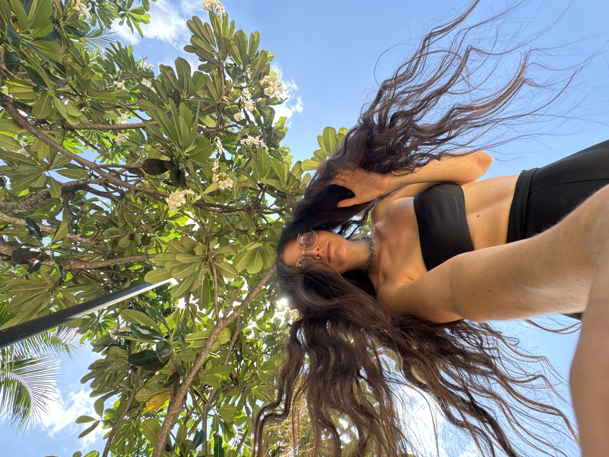 This image, set in Phu Thuy Ward, Vietnam, captures a low-angle perspective of a person under a tree canopy against a blue sky. The central subject is an adult female with very long, dark, wavy hair, which is dramatically spread out around her head, extending across much of the lower frame. She wears round, tinted glasses and a dark, patterned choker necklace. Her attire consists of a black strapless bandeau top and black bottoms, likely trousers or a skirt, with a portion of her midriff visible. She is holding the camera with her right arm extended towards the viewer, indicating a selfie. Her left hand is visible near the left side of her head, touching her hair.
Above the person, a dense canopy of large, green leaves and branches fills the upper two-thirds of the image. Numerous white flowers with yellow centers, characteristic of Plumeria (Frangipani) trees, are scattered throughout the foliage. A dark, elongated, seed-pod-like object hangs from a branch slightly to the left of the upper center. In the upper left corner, a portion of a palm frond is visible, and a vertical dark pole or post extends downwards from the top edge. Patches of clear blue sky with some wispy white clouds are visible through the gaps in the foliage. The scene is brightly lit by natural sunlight, suggesting an outdoor, daytime setting.