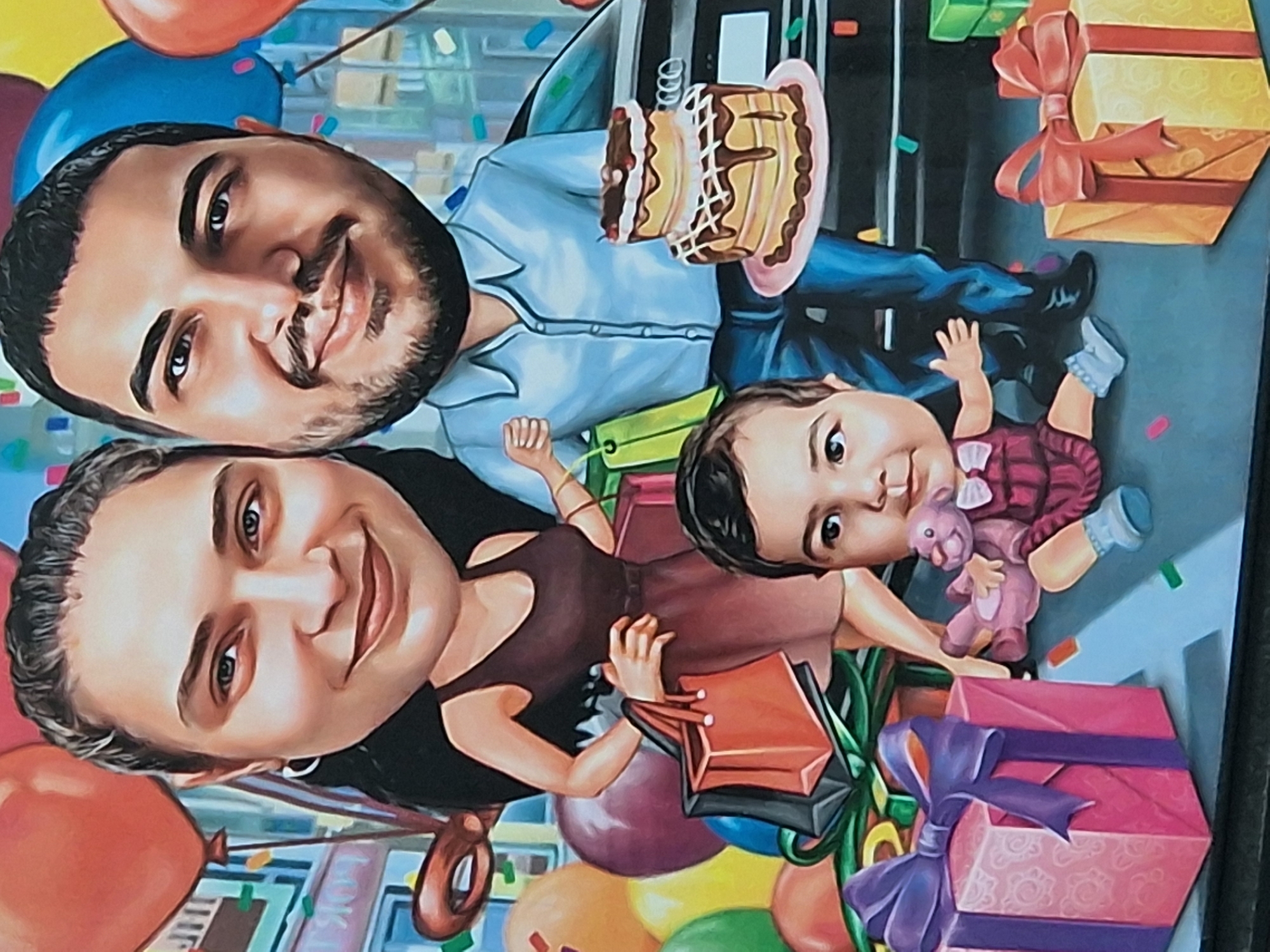 A stylized portrait depicts three people, likely a family, surrounded by celebratory imagery.
A man with dark hair and a beard is positioned at the top, holding a slice of cake with a pink plate. He is wearing a light blue button-up shirt.
To his left, a woman with dark hair styled in a low bun smiles. She wears a dark-colored, low-cut top and holds shopping bags in her hand.
A baby or toddler lies in the middle, dressed in a red and purple dress and holding a purple stuffed animal.
Around the family are colorful balloons and wrapped presents with ribbons. In the background, an indistinct cityscape is visible, marked by what appear to be buildings. Confetti is scattered throughout the image.