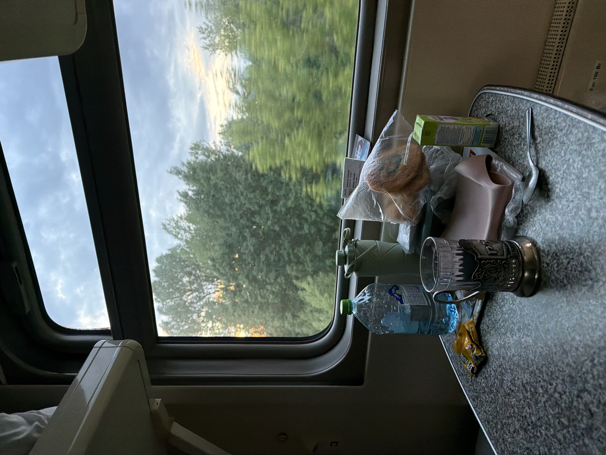 A train window view presents a mixed scene of indoor and outdoor elements. Inside the train, a table is cluttered with various items including a bottle of water, a cup in a metal holder, packaged food, and a spoon. Through the window, a dense green forest is visible under a cloudy sky that transitions to a brighter horizon, suggesting dawn or dusk. The location in the city of Красная Поляна, Russia, cannot be definitively determined from the provided image, as the landscape is not uniquely identifiable.