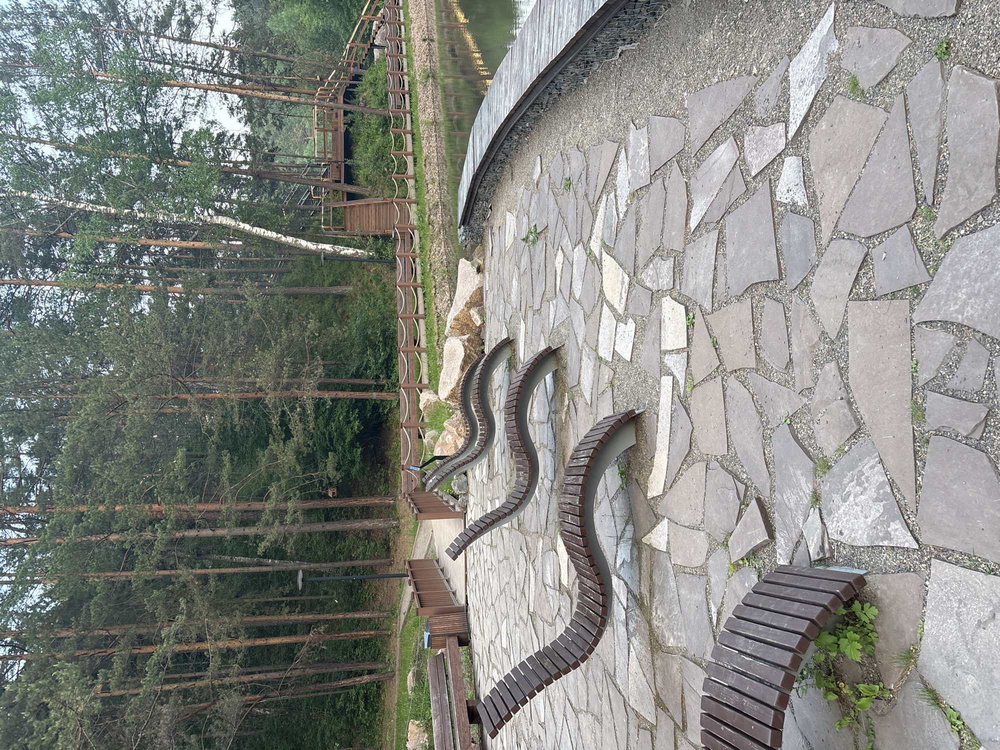 The image depicts a scenic outdoor seating area adjacent to a body of water and a dense forest. The foreground features a pathway paved with irregular, grey flagstones. Along the pathway, there are several uniquely designed wooden benches with curved, undulating shapes, offering a modern and artistic seating arrangement. Some of these benches are partially nestled into the surrounding environment, with small plants growing around their bases.
Beyond the paved area, a wooden boardwalk curves along the edge of the water, reflecting the trees and sky. The water appears calm and still. To the left of the pathway and seating area, a thick forest of tall, slender pine trees dominates the landscape. The trees are densely packed, with a lot of undergrowth visible, suggesting a natural, somewhat wild setting. In the background, there are hints of wooden structures and a railing, possibly part of a park or recreational area.
The lighting suggests it is daytime, possibly overcast or late afternoon, as there are no harsh shadows and the overall tone is subdued. The presence of the forest, water, and the rustic design of the benches imply a location in a natural park or a recreational zone designed for relaxation and enjoying the outdoors. The scene evokes a sense of tranquility and connection with nature. There is no visible text in the image.