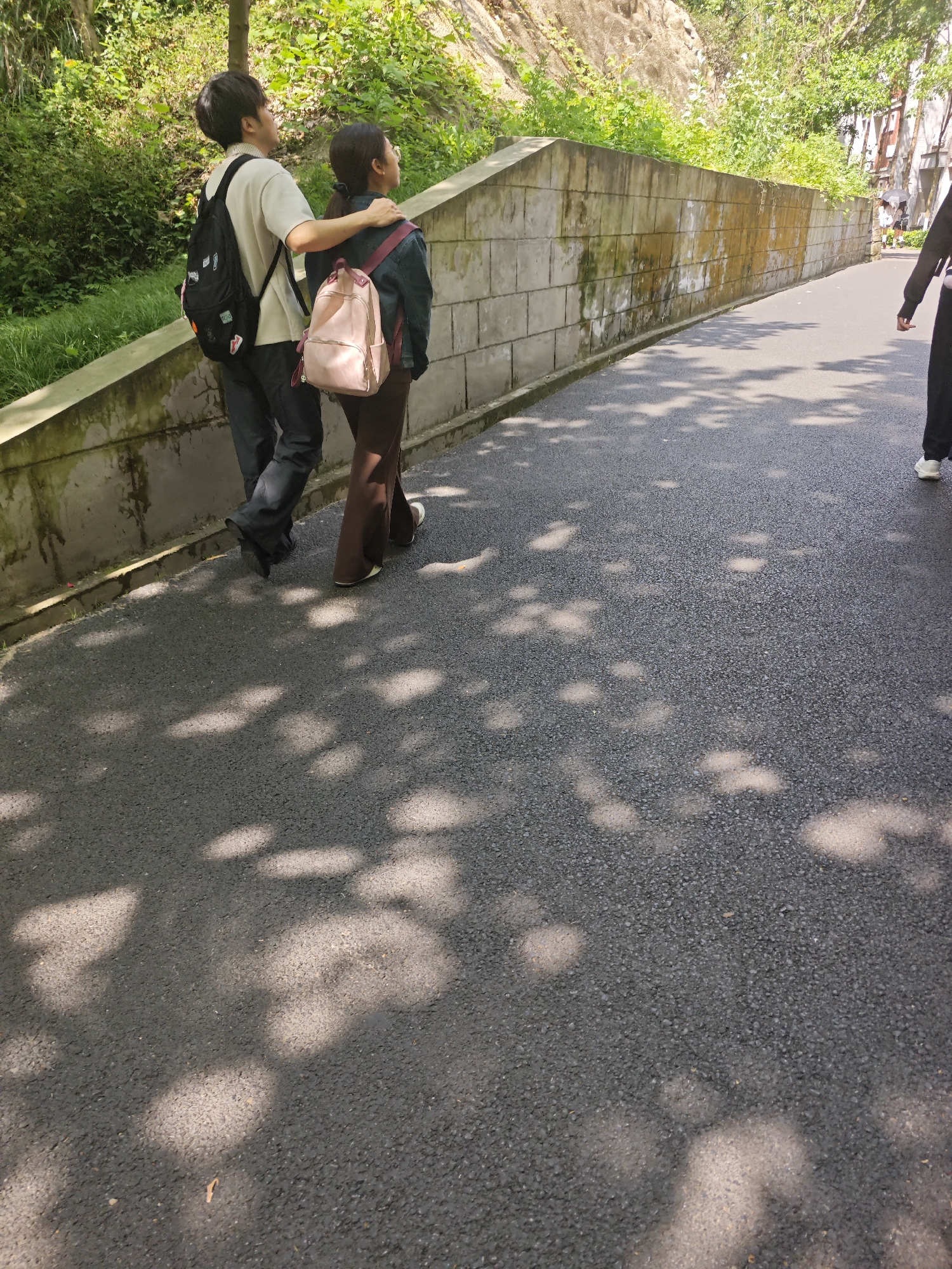 The image depicts two young individuals walking along an asphalt path on a sunny day in what appears to be an outdoor, possibly park-like setting within the Chongqing High-tech Zone, China.
The main subjects are a man and a woman, seen from behind, walking away from the viewer. The man, on the left, wears a light-colored short-sleeved shirt, dark trousers, and a black backpack with various patches. He has his right arm casually placed around the woman's shoulder. The woman, on the right, is dressed in a dark jacket, brown wide-leg pants, and carries a light pink backpack. Both individuals have their heads slightly tilted upwards, suggesting they might be looking at something above or ahead of them, perhaps a tree canopy or the sky.
To their left, a weathered concrete block wall runs alongside the path, exhibiting some green and yellow discoloration, possibly from moss or algae. Behind this wall, there is an abundance of lush green foliage and trees, with a rocky hillside visible beyond the greenery, reinforcing a natural environment.
The path itself is dark asphalt, partially illuminated by patches of sunlight and dappled shadows created by overhead tree leaves, indicating a bright day with strong sunlight. In the far background on the right side of the path, another person, wearing dark clothing and white shoes, is partially visible walking in the same direction.
The overall scene conveys a sense of a relaxed, casual stroll, possibly between friends or a couple, enjoying the outdoors. There is no discernible text visible on any of the subjects or objects. The time of day appears to be mid-morning or afternoon due to the strong shadows.