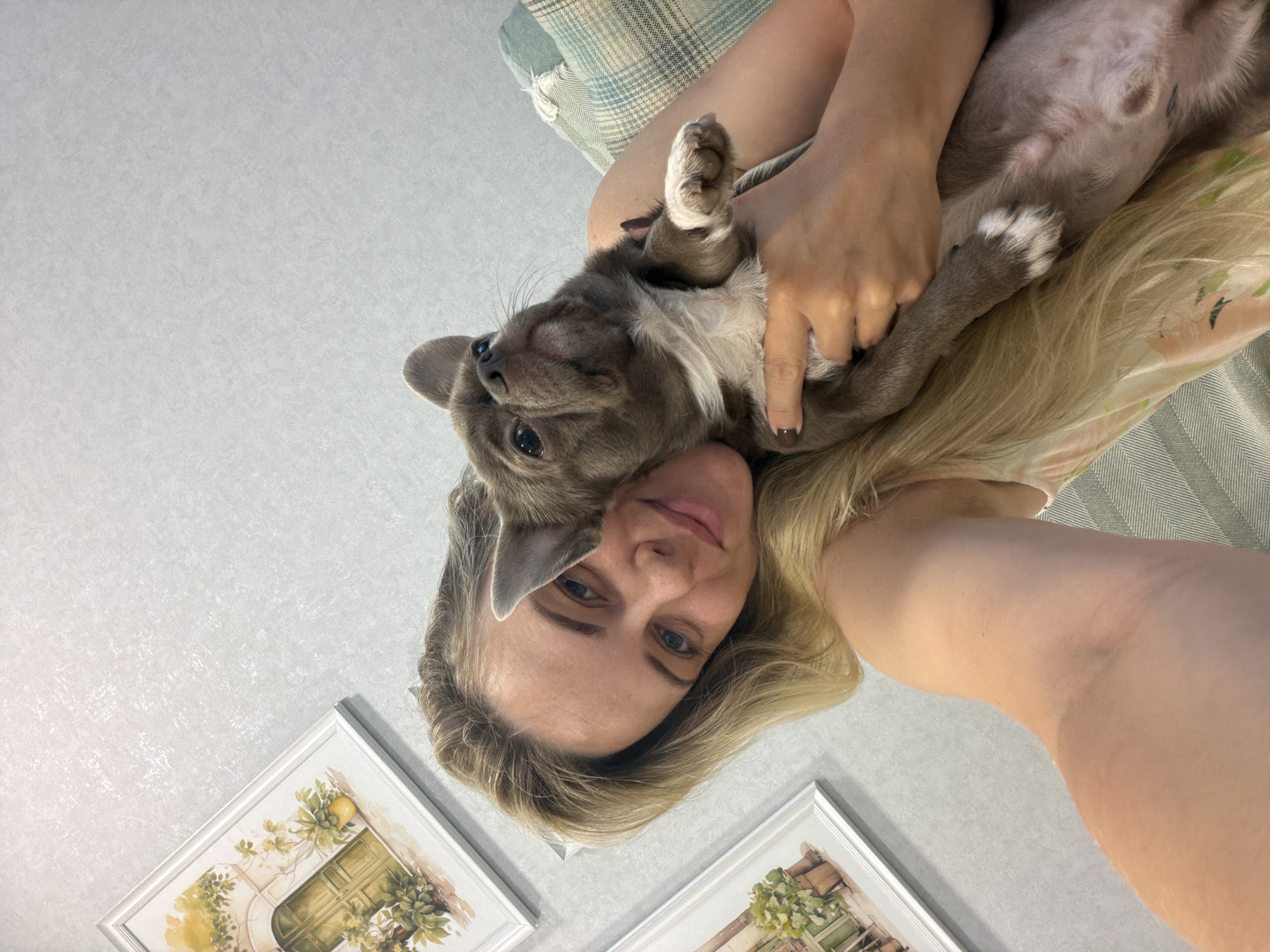 A woman with long blonde hair is holding a small, grey-brown dog. The woman is looking at the camera and smiling. The dog is looking upwards. The background shows a wall with two framed pictures of doorways with plants. The room appears to be a home interior. The image is a selfie. The location of Votkinsk, Russia is not evident from the image.