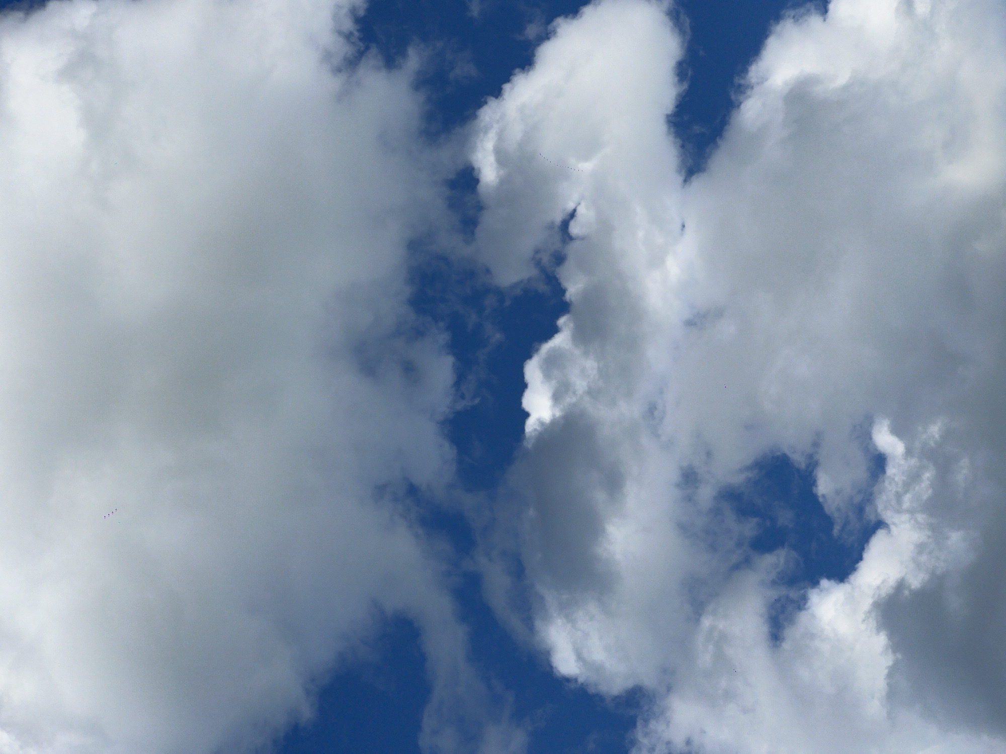 A flock of birds flies in a V-formation against a bright blue sky filled with white and gray clouds. The birds are small and appear as dark specks in the distance. The clouds are scattered and fluffy, with some areas of shadow indicating varying thickness and density. The image captures a natural outdoor scene.