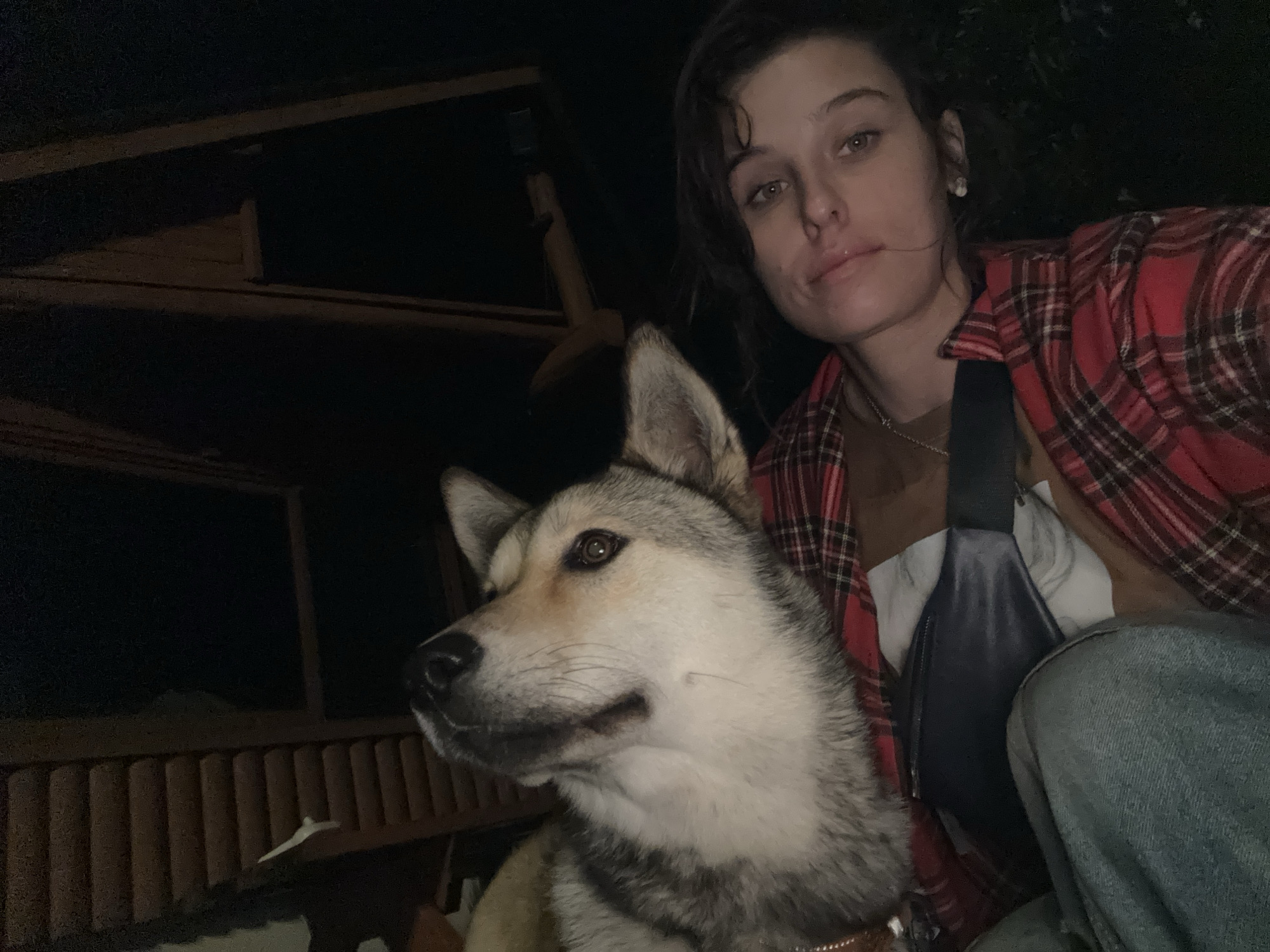 This is a selfie taken at night, possibly outdoors or in a dimly lit area. The main subjects are a woman and a dog. The woman is looking towards the camera with a neutral expression. She has dark hair and is wearing a red and black plaid shirt over a tan top, and blue jeans. A dark-colored bag is slung across her chest. The dog, a husky or husky mix, is positioned in the foreground, looking to the left of the camera with its ears perked up. The background is dark, but hints of wooden structures and railings suggest an outdoor setting, possibly a porch or a deck. The lighting is low, creating a nighttime atmosphere. There is no visible text in the image. The overall mood is casual and intimate, likely depicting a moment of companionship between the woman and her pet. The location context provided is Seogwipo-si, South Korea.