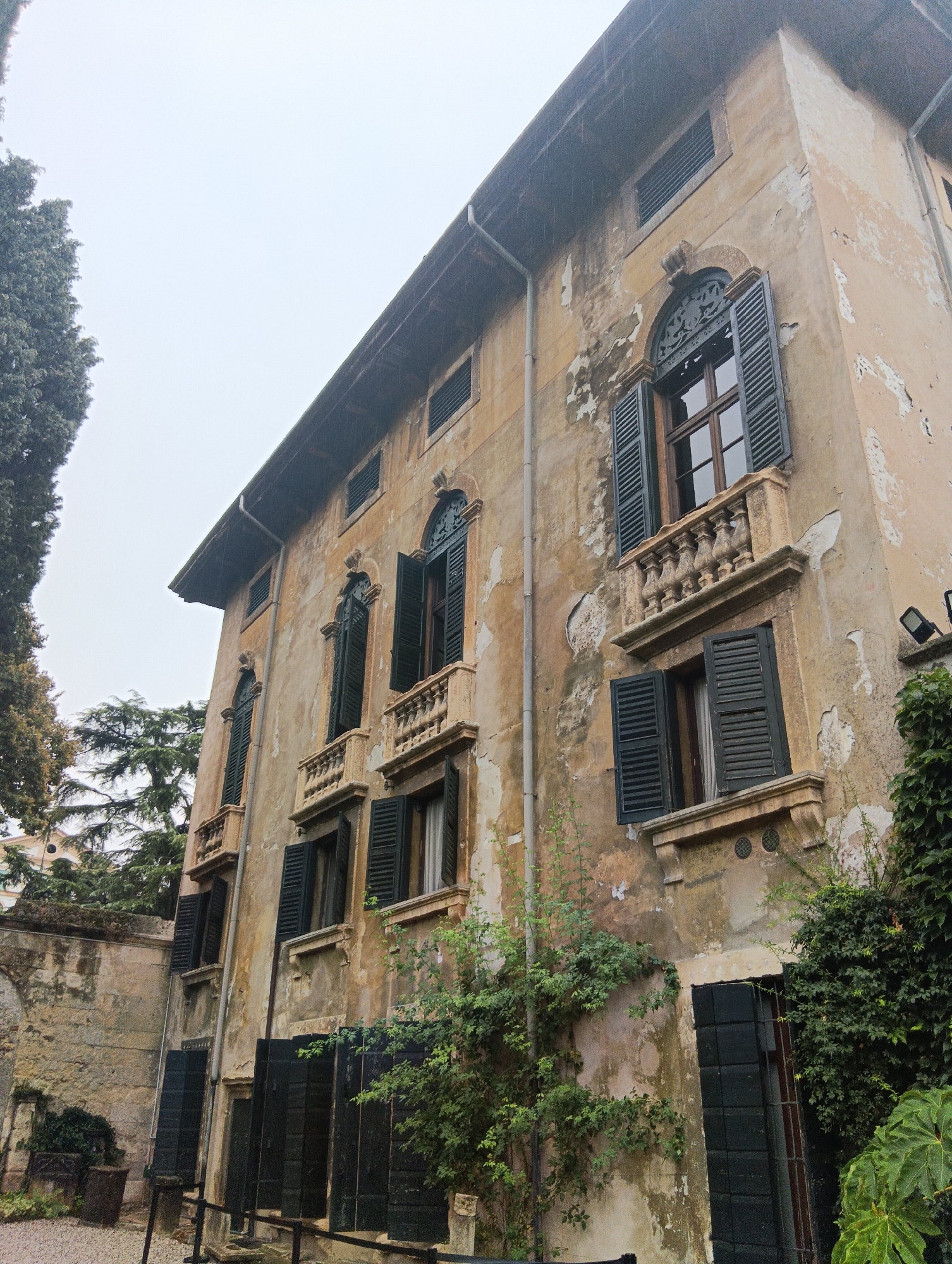 The image depicts the exterior of an aged, weathered building in Verona, Italy, under an overcast sky, suggesting it might be raining. The building's facade is a textured, peeling ochre, revealing layers of plaster and brickwork, indicative of historical architecture. Several windows, some with ornate arched surrounds, are visible, most featuring dark, louvered shutters that are partially open. Some windows have small, decorative balconies with balustrades.
Green ivy and other creeping plants are growing on the building and along a stone wall to the left, adding a touch of nature to the aged structure. The ground in front of the building is paved with gravel, and there are some dark wooden shutters or doors at ground level. To the left of the building, a tall, dark green tree with a dense canopy dominates the left side of the frame, and more trees with lighter green foliage are visible in the background. The overall impression is one of a historic, possibly slightly neglected, urban setting in Verona.