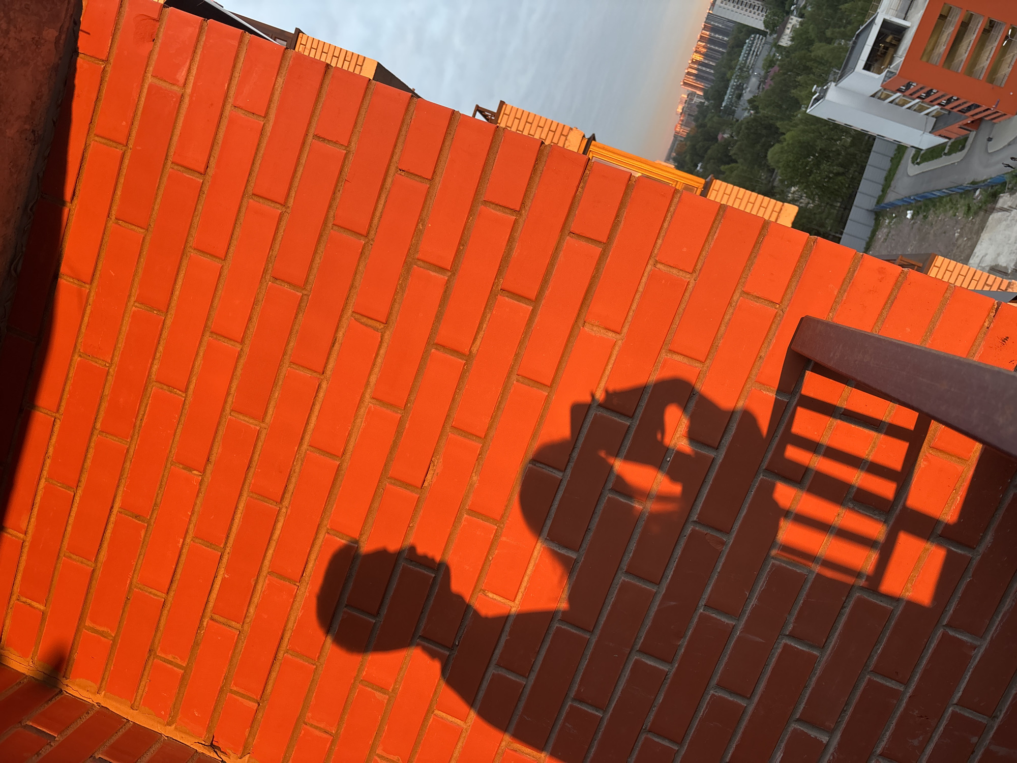 The image presents a high-angle view overlooking a residential area, with a vibrant orange brick wall prominently in the foreground and midground. The bricks are arranged in a stretcher bond pattern with light grey mortar lines, intensely illuminated by warm, directional light.
On the brick surface, the distinct shadow of a person is visible, showing a head and shoulders profile. Critically, within the shadow of the head, a hand holding a mobile phone is clearly distinguishable, indicating that the person is taking a photograph, likely a selfie of their own shadow. To the right, a rectangular shadow with horizontal bars, presumably from a railing, falls across the bricks, with a dark metal railing partially visible at the far right edge.
Beyond the brick wall, a sprawling urban landscape unfolds under a hazy or partly cloudy sky. Numerous multi-story apartment buildings, some featuring modern orange and white facades, and others with more traditional designs, are visible. Green trees are interspersed throughout the residential blocks and paved areas.
The long, sharp shadows and the warm, rich illumination of the bricks strongly suggest the time of day is either early morning or late afternoon (golden hour). The image has a distinct diagonal orientation. No text is visible in the media file. The architecture and scene are consistent with urban environments found in Russia, based on the provided context.