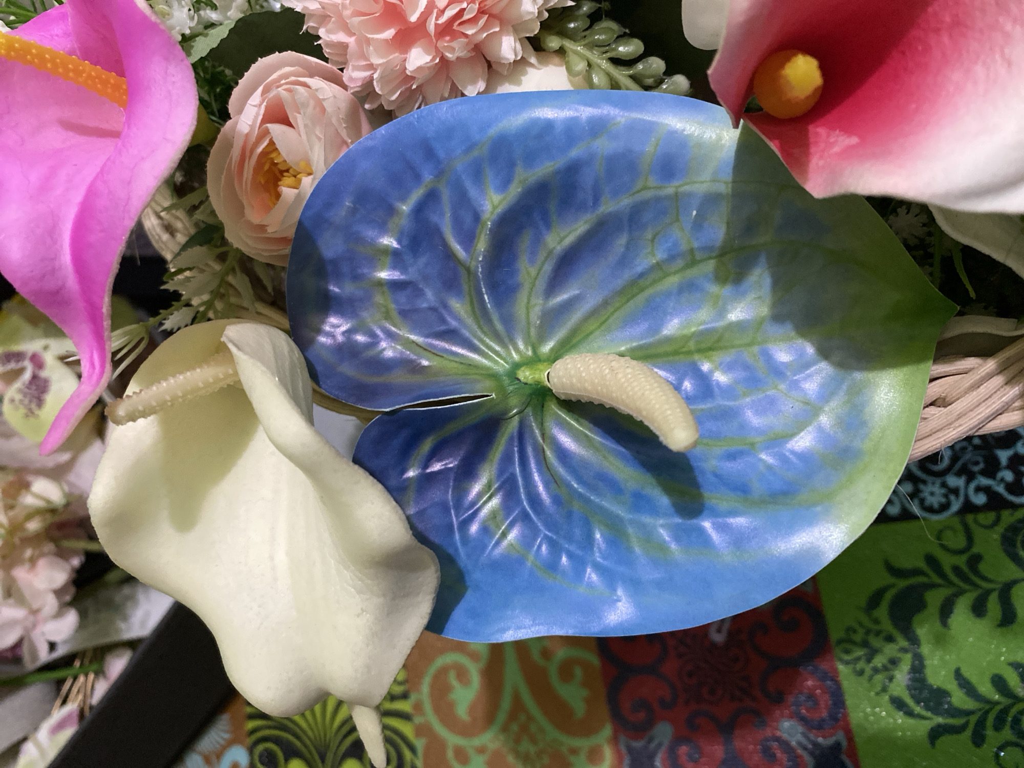 The image shows a close-up of a floral arrangement, predominantly featuring artificial anthurium flowers in white, blue, and pink. A large blue anthurium is centrally placed, with a cream-colored spadix. A white anthurium is positioned above it, and a pink anthurium with an orange spadix is visible at the top. Smaller pink roses and carnations, along with green foliage, complete the arrangement. The background is a colorful, patterned fabric. There are no people or discernible actions taking place. The arrangement appears to be indoors, on a surface with a vibrant, patterned cloth. There is no information in the image to suggest a location in Kuala Pembuang, Indonesia.
