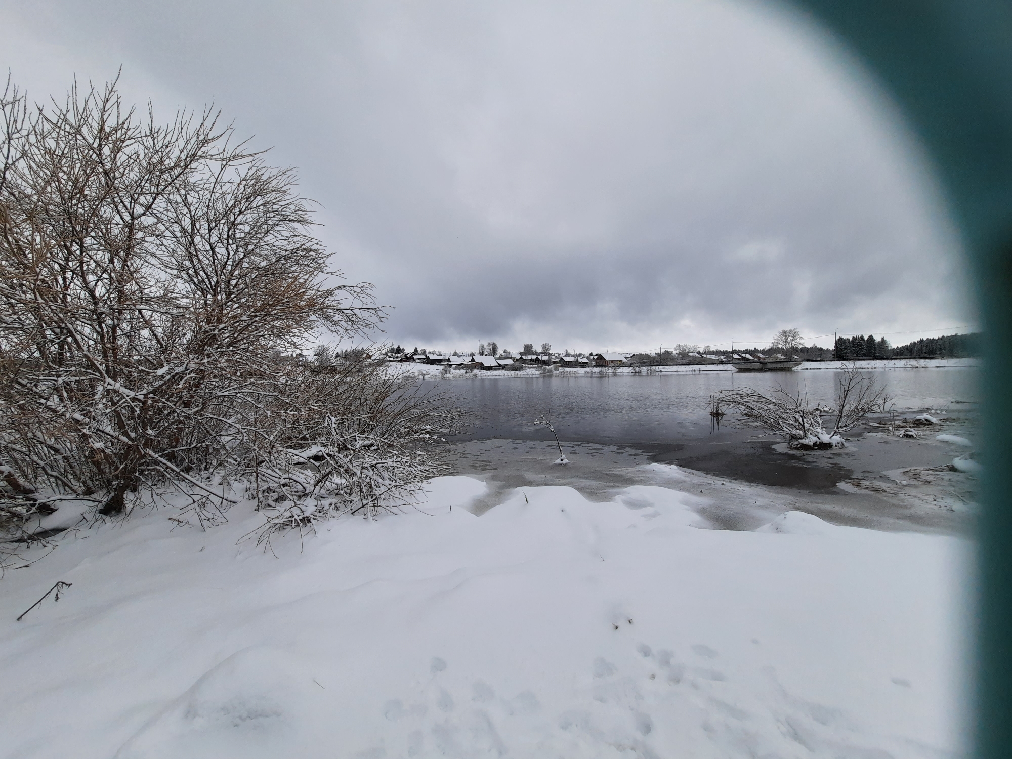 The image captures a winter scene in what appears to be the city of Krasnogorskoye, Russia. The foreground features a snow-covered landscape with a leafless tree on the left. Beyond the snow, there is a body of water, likely a river or lake, with patches of ice and partially submerged vegetation. Across the water, a village or town is visible with buildings clustered together under a heavy, overcast sky. No people or animals are visible.
