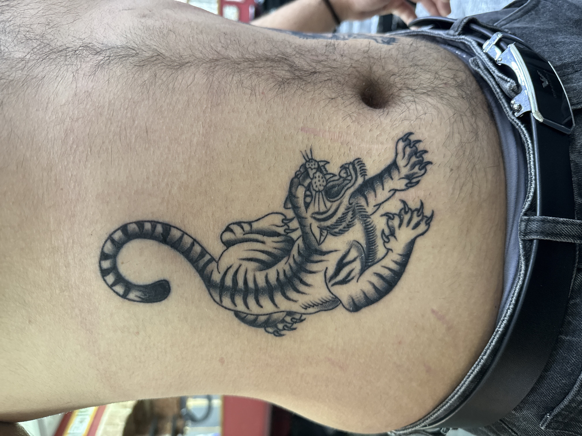 The media file presents a close-up, side view of a person's torso, focusing on the midsection and left abdominal area. The skin is light-toned and features fine to medium-thick dark body hair, particularly concentrated around the navel and upper abdomen, extending downwards.
A prominent black and grey tattoo of a tiger is positioned on the person's left side, spanning across the ribcage and abdomen. The tattoo depicts a lively tiger lying on its back, with its front paws raised and claws visible, as if stretching or playfully swatting. The tiger features bold outlines, detailed stripes, and shading, with its mouth slightly open to show teeth and wide eyes. Its tail is curled behind its body, also adorned with stripes.
The navel is visible in the upper central part of the image. The person is wearing grey denim pants, held up by a black leather belt with a distinctive silver-toned buckle. The buckle clearly displays the brand name "EMPORIO ARMANI".
Subtle, faint pinkish marks, possibly minor scars or skin irritations, are visible on the skin above and to the right of the tattoo. The lighting suggests an indoor setting. The image is a detailed, factual depiction of body art and surrounding physical characteristics, set in Moscow, Russia. No specific activity or emotion is discernible beyond the display of the tattoo.